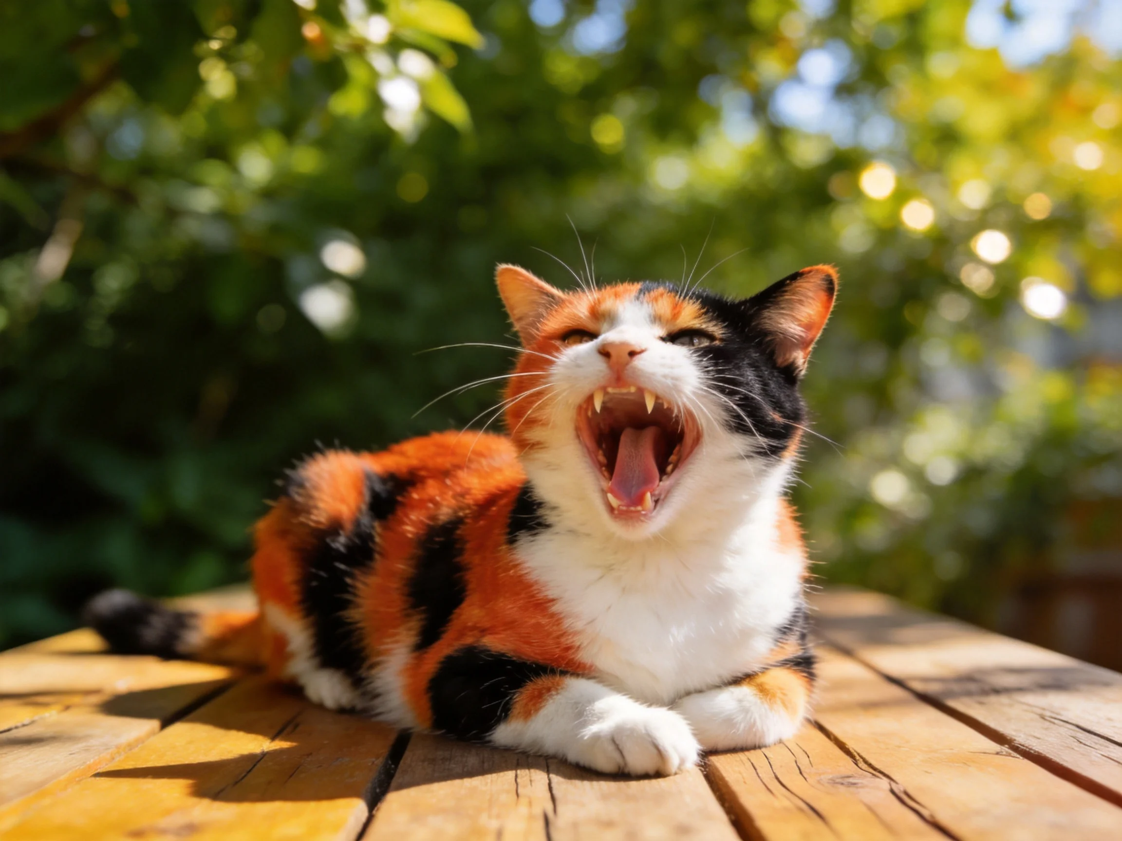 A calico cat yawning on a wooden table in a sunlit garden