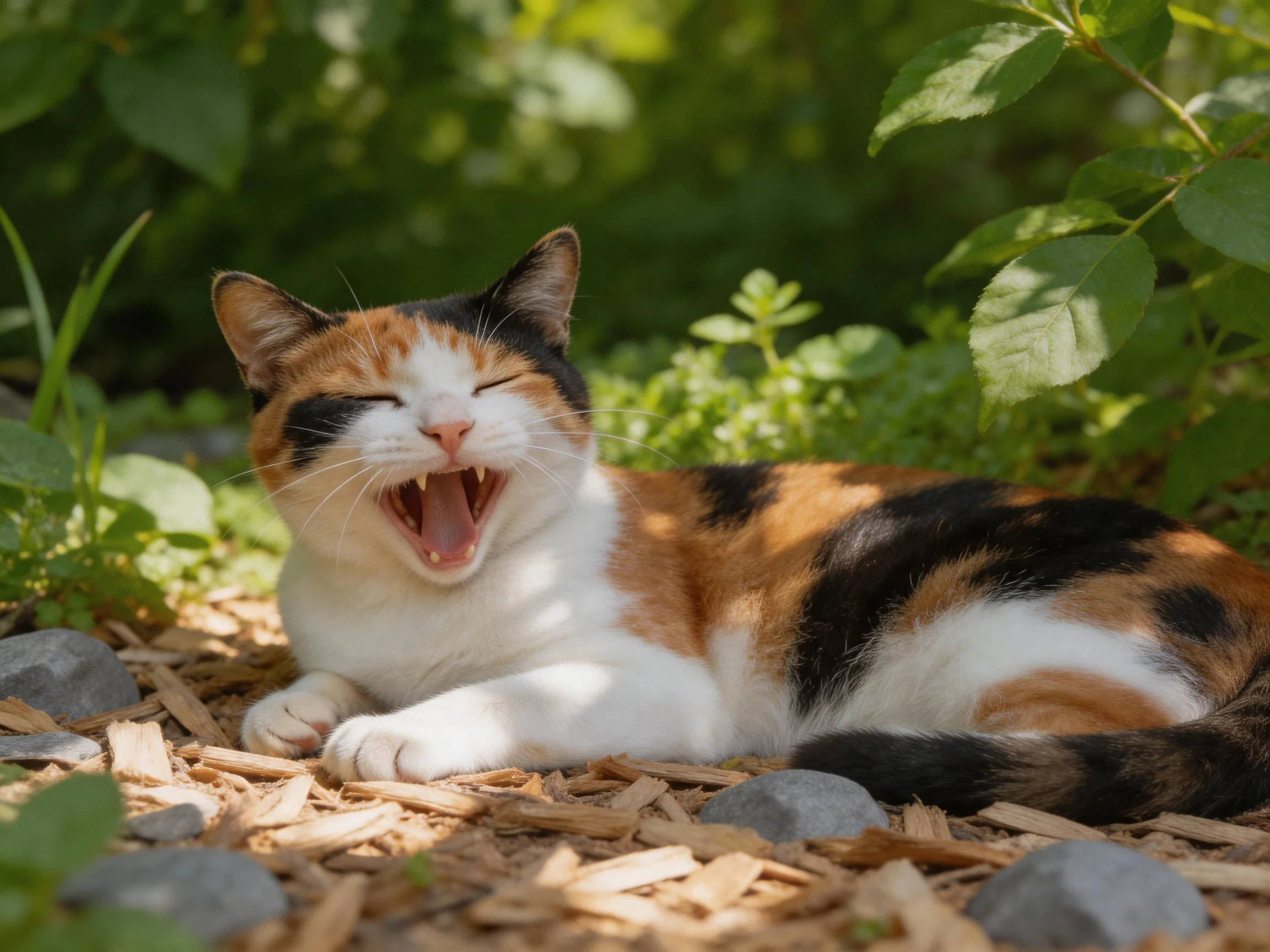 A calico cat yawning on wood chips amid lush green foliage