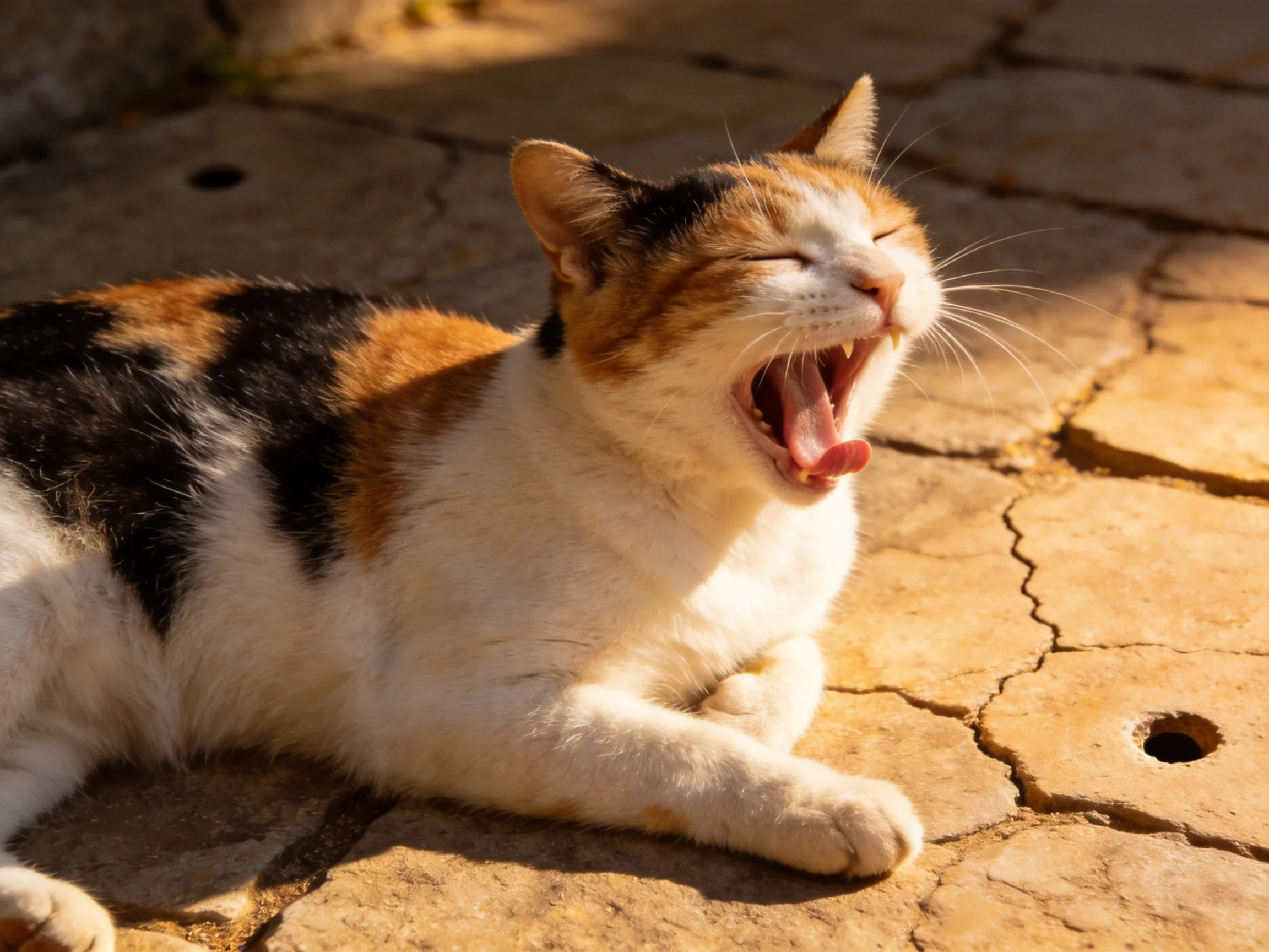 A calico cat yawns joyfully on sunlit cracked stone pavement