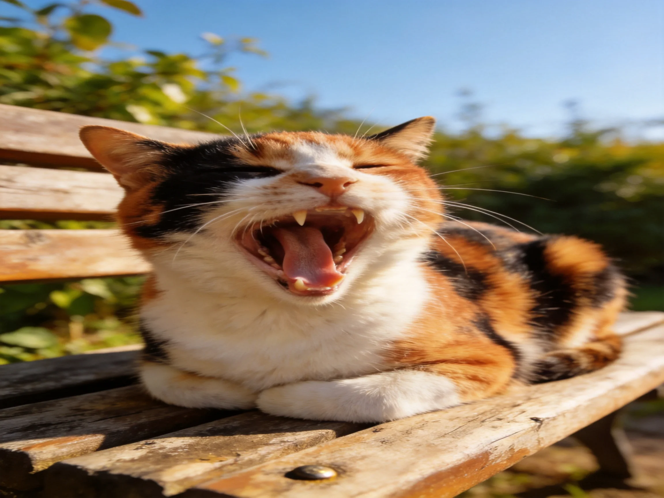 A calico cat yawns on a weathered wooden bench in bright sunlight