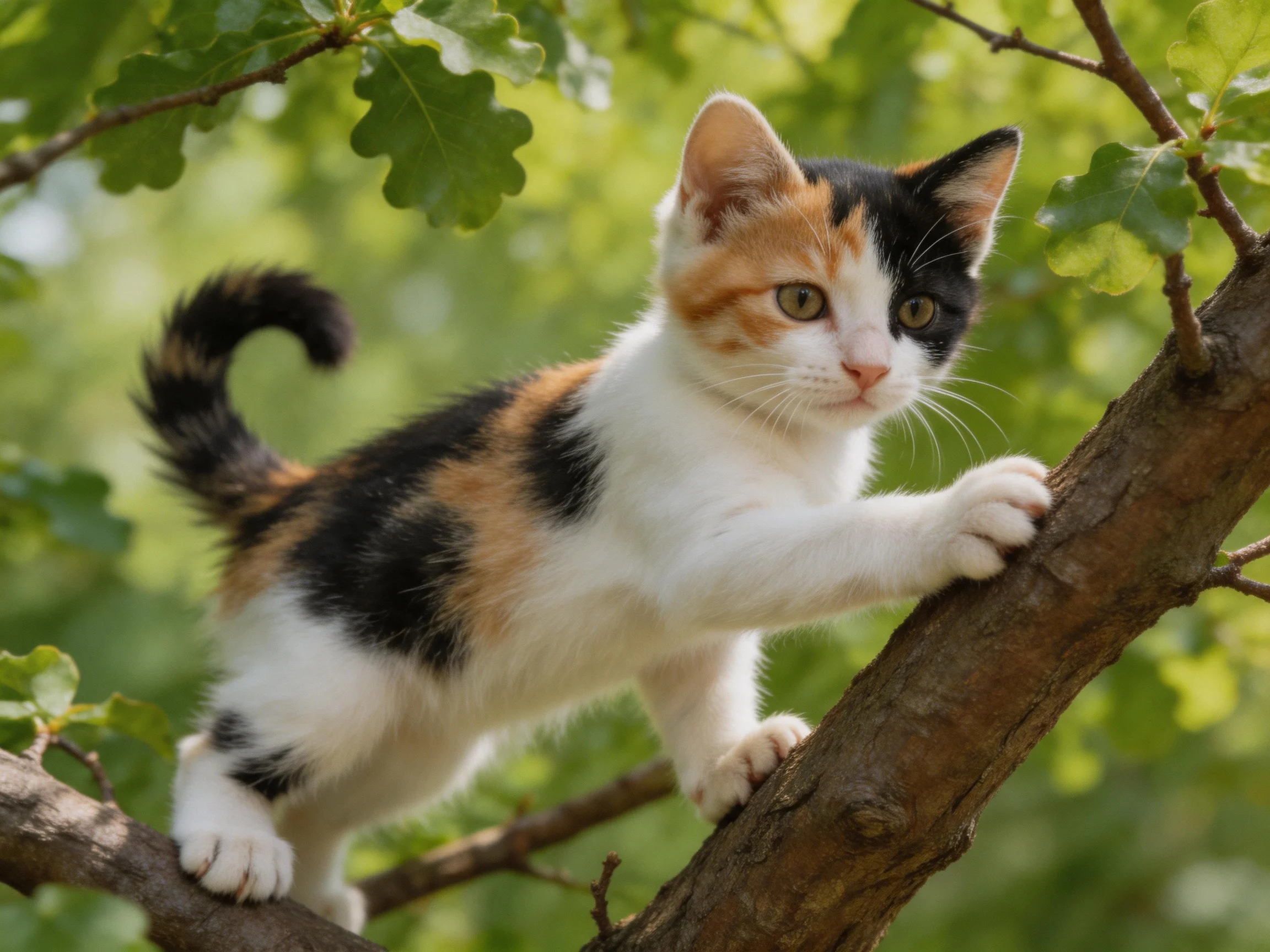 A calico kitten climbs a brown tree branch amid green foliage