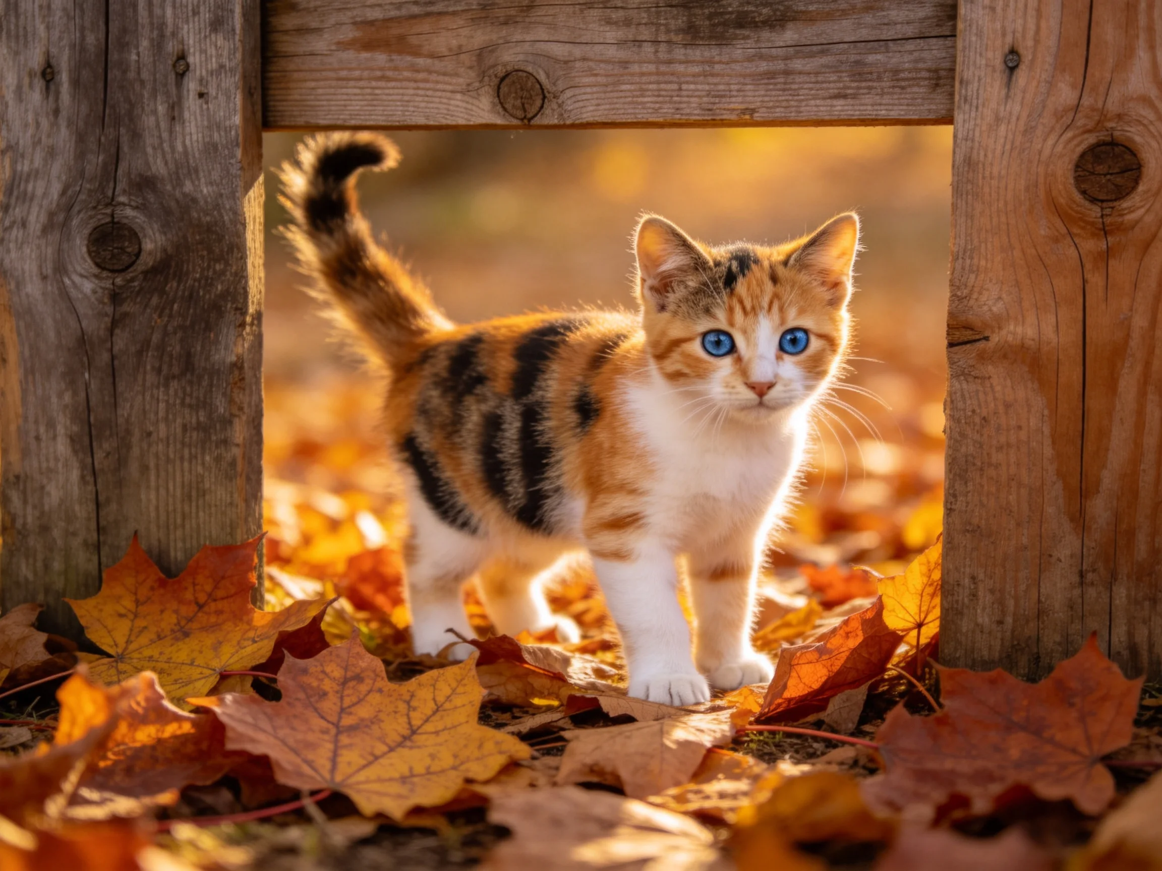 A calico kitten explores golden autumn leaves near a wooden fence