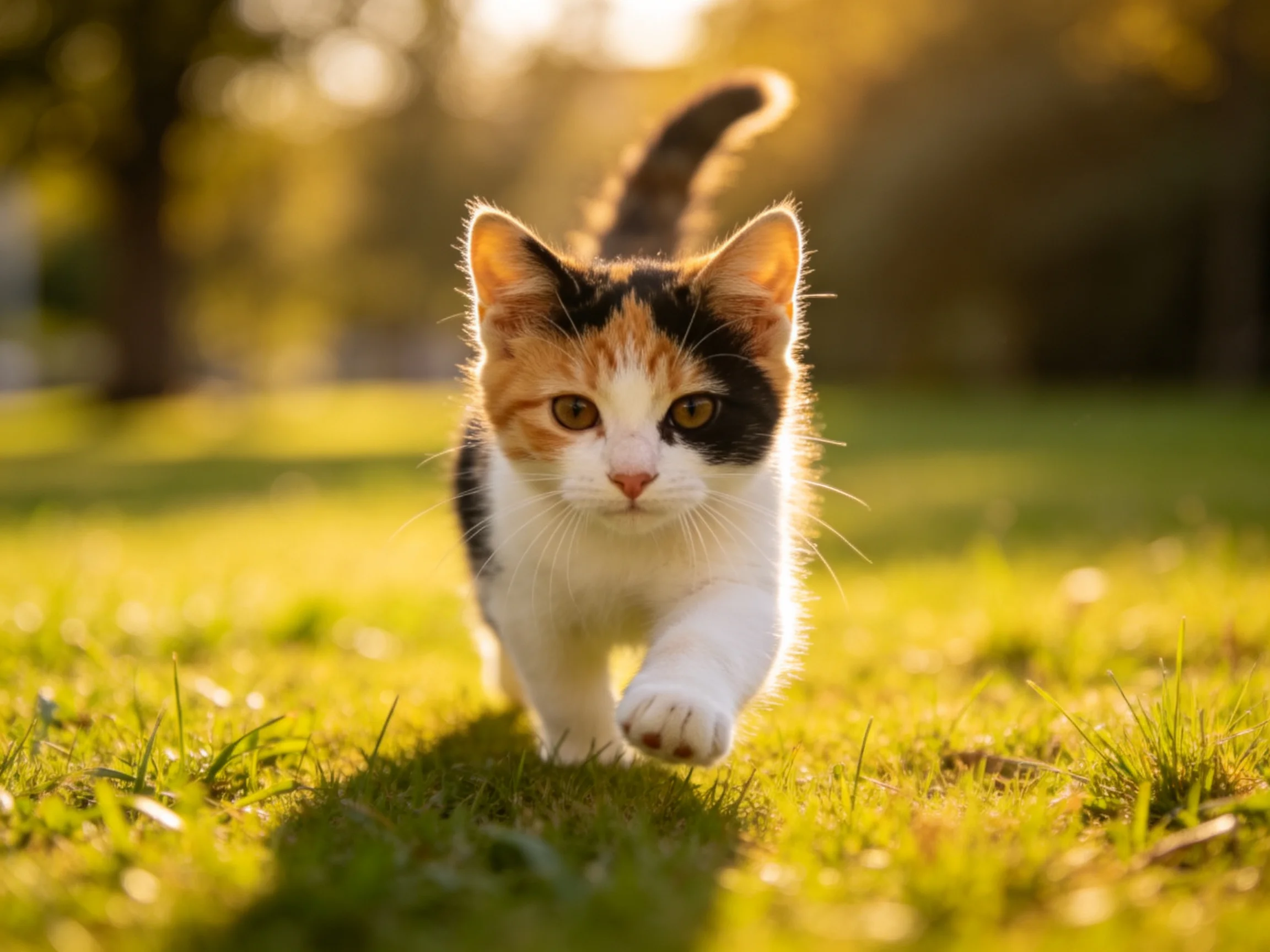 A calico kitten explores sun-drenched green grass under golden sunlight