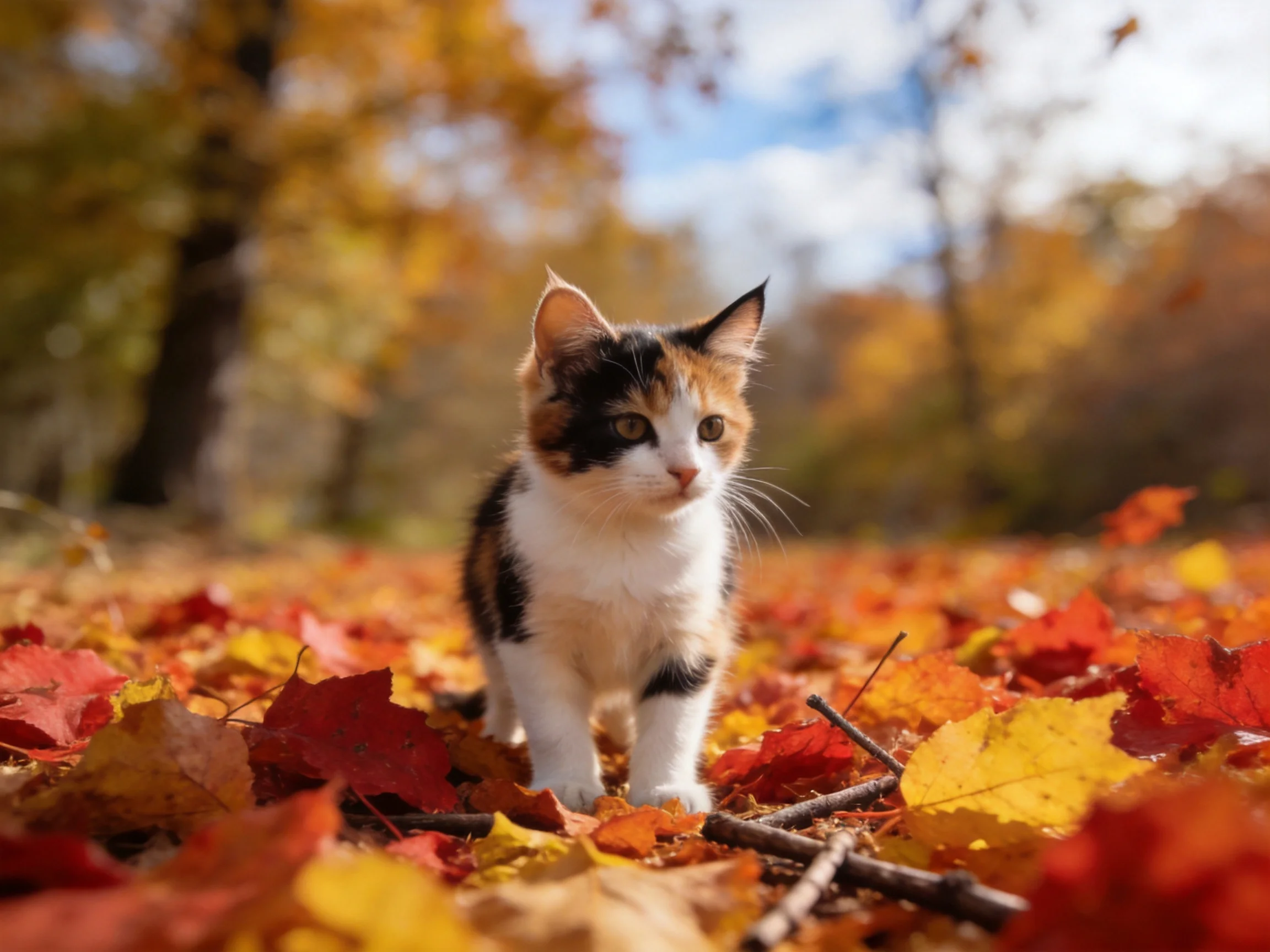 A calico kitten stands among colorful autumn leaves outdoors
