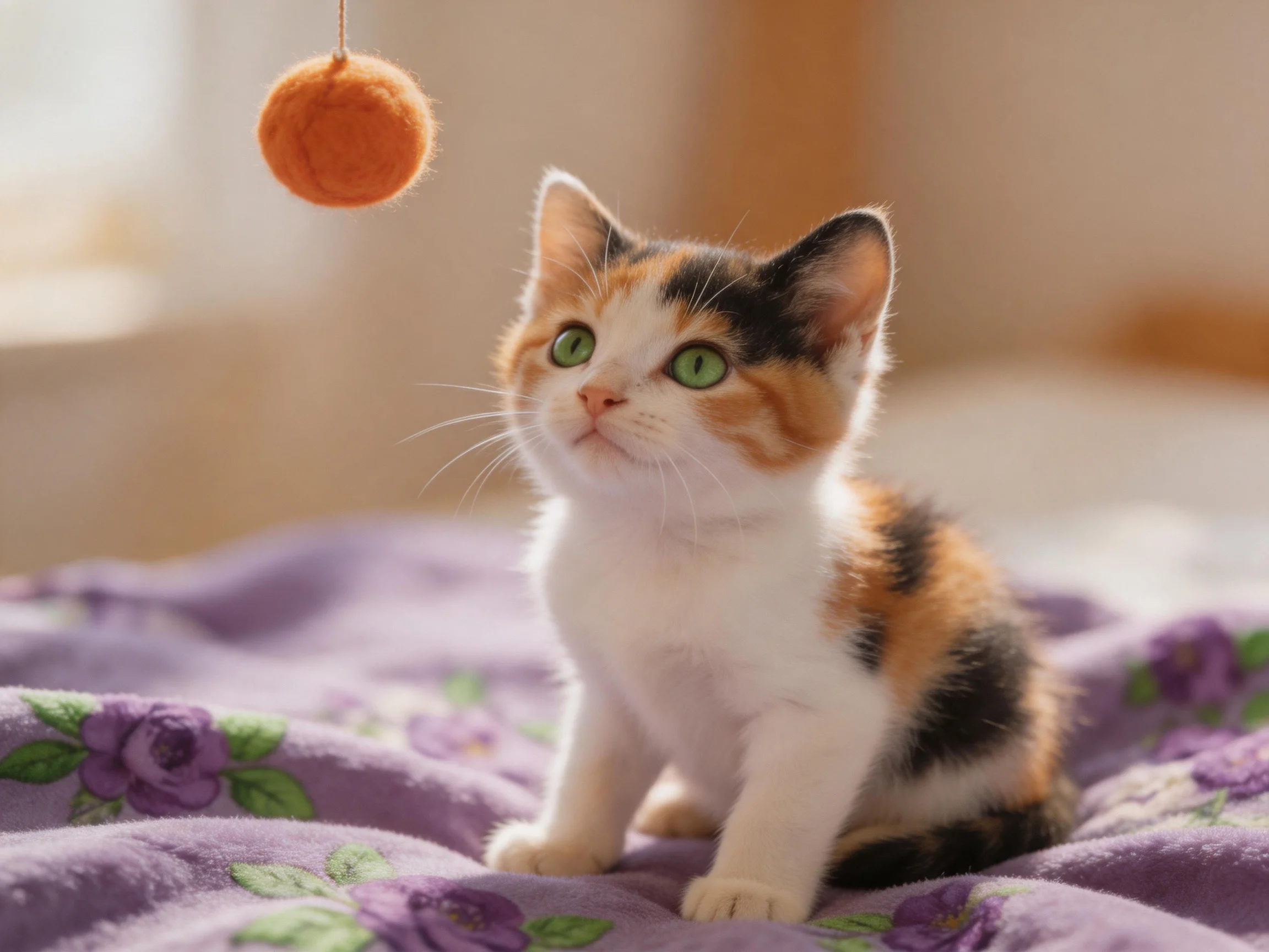 A calico kitten looks up at an orange toy on a purple blanket.