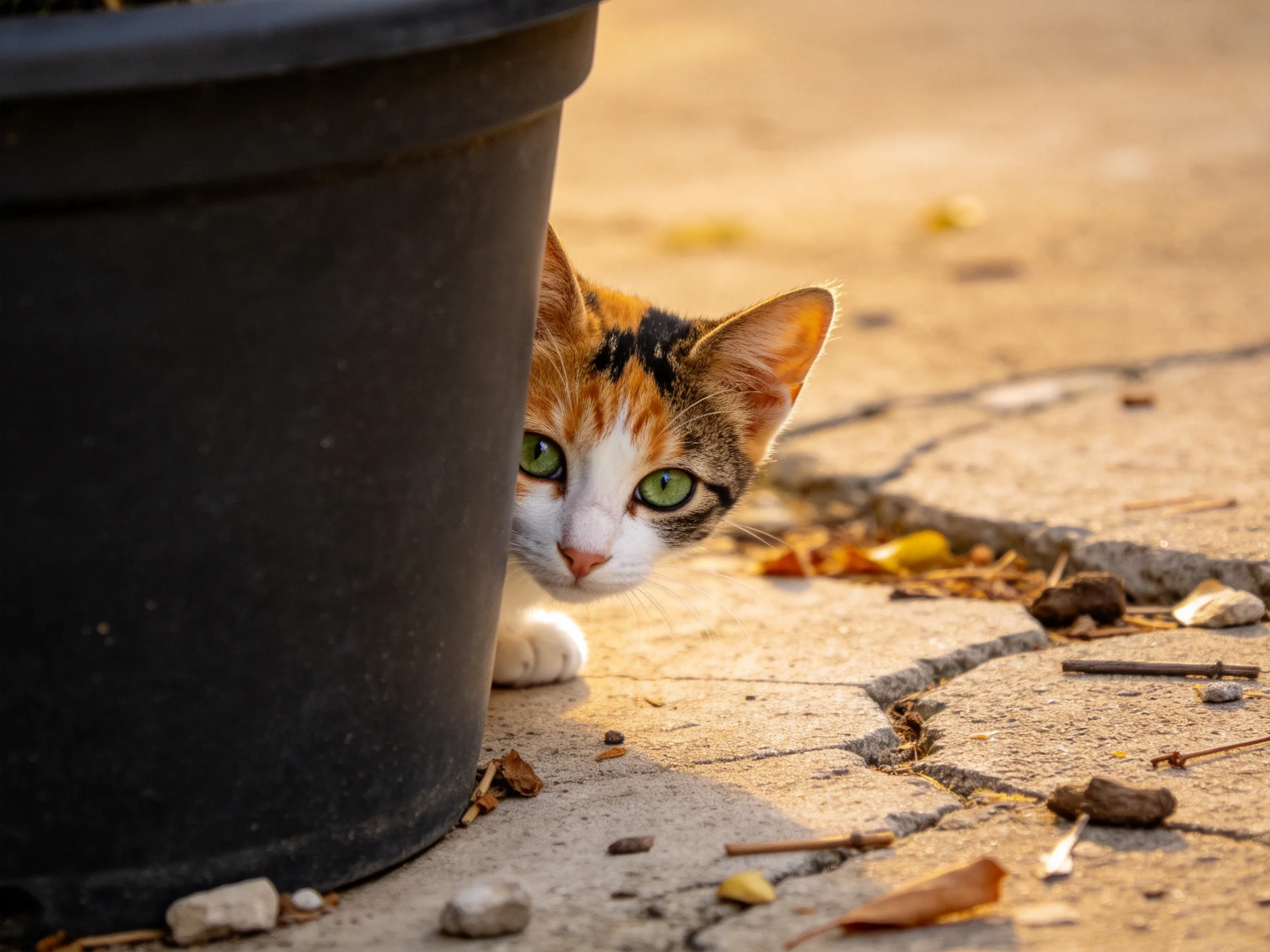 A calico kitten hides behind a large black pot on cracked pavement