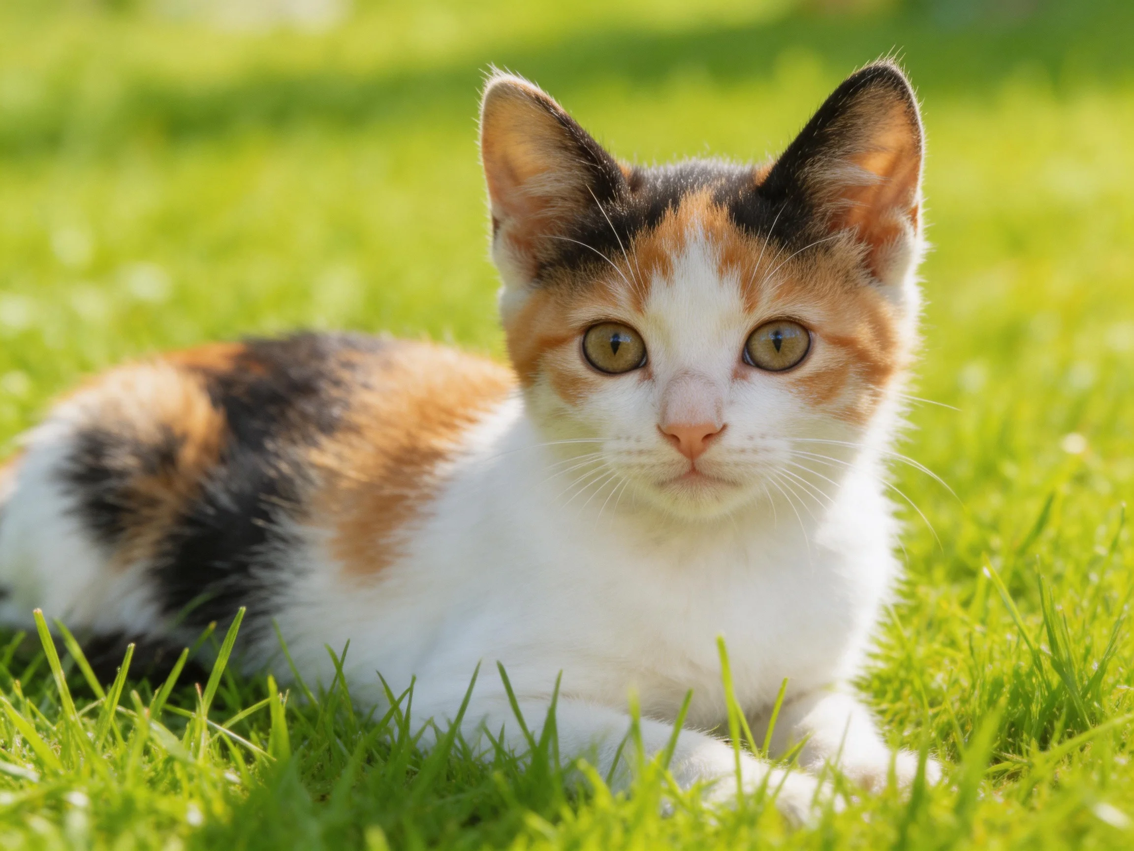 A calico kitten relaxes on green grass in a sunlit outdoor area