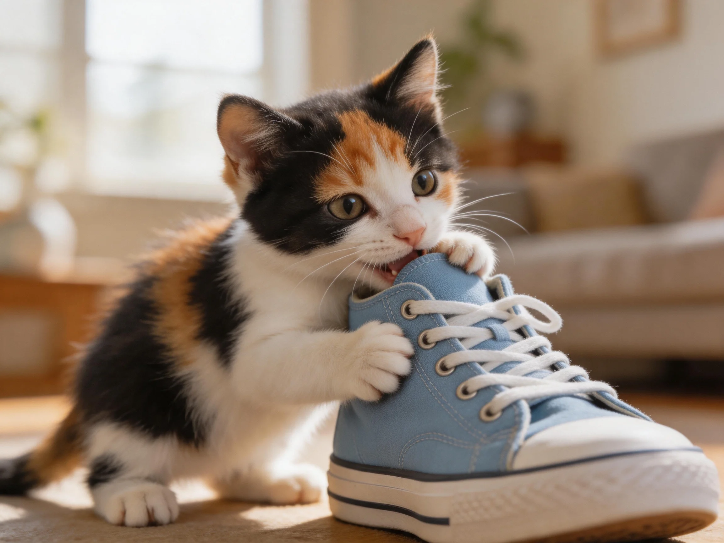 A calico kitten nibbles a light blue sneaker in a bright living area