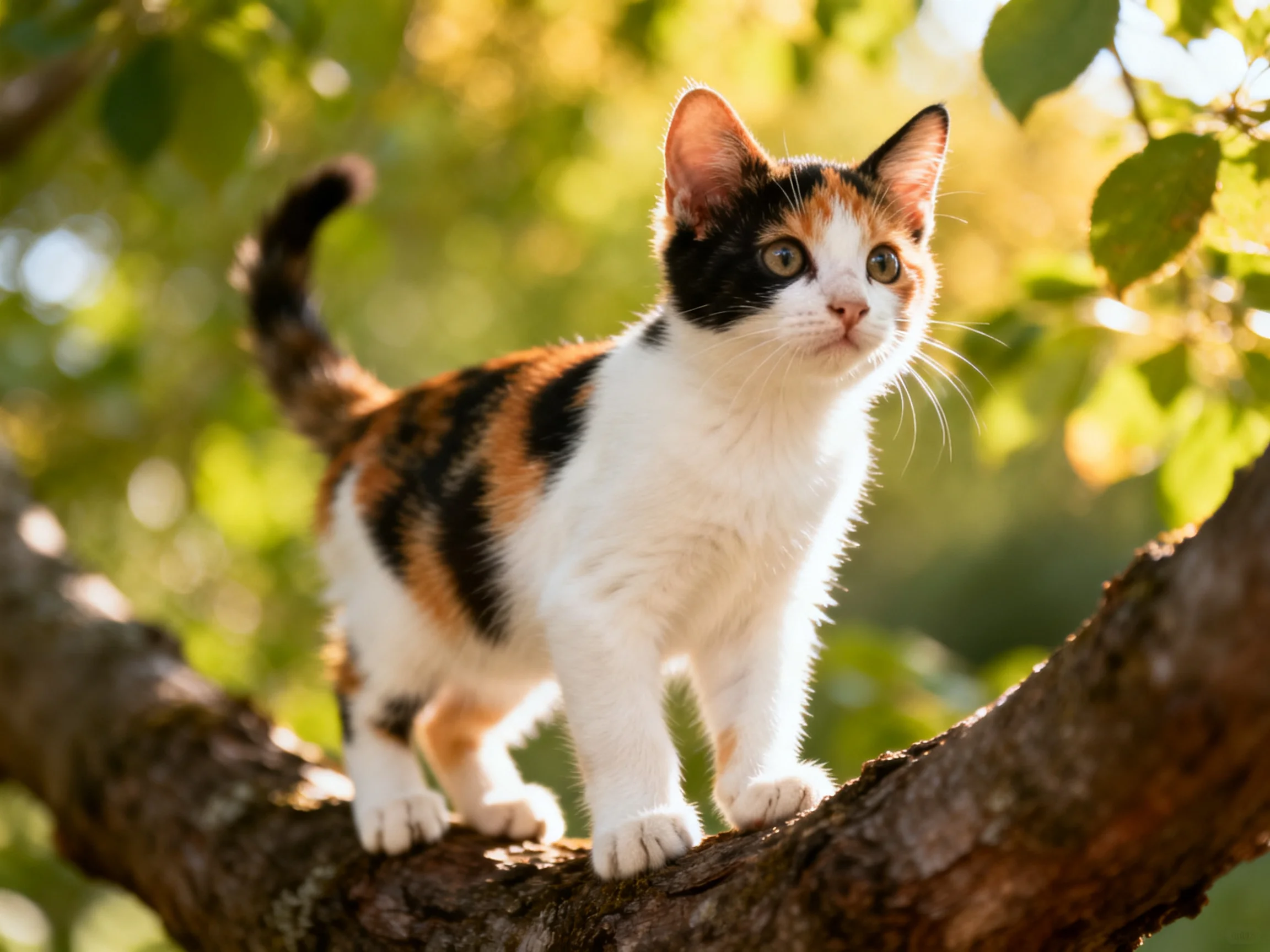 A calico kitten stands alert on a tree branch surrounded by greenery.