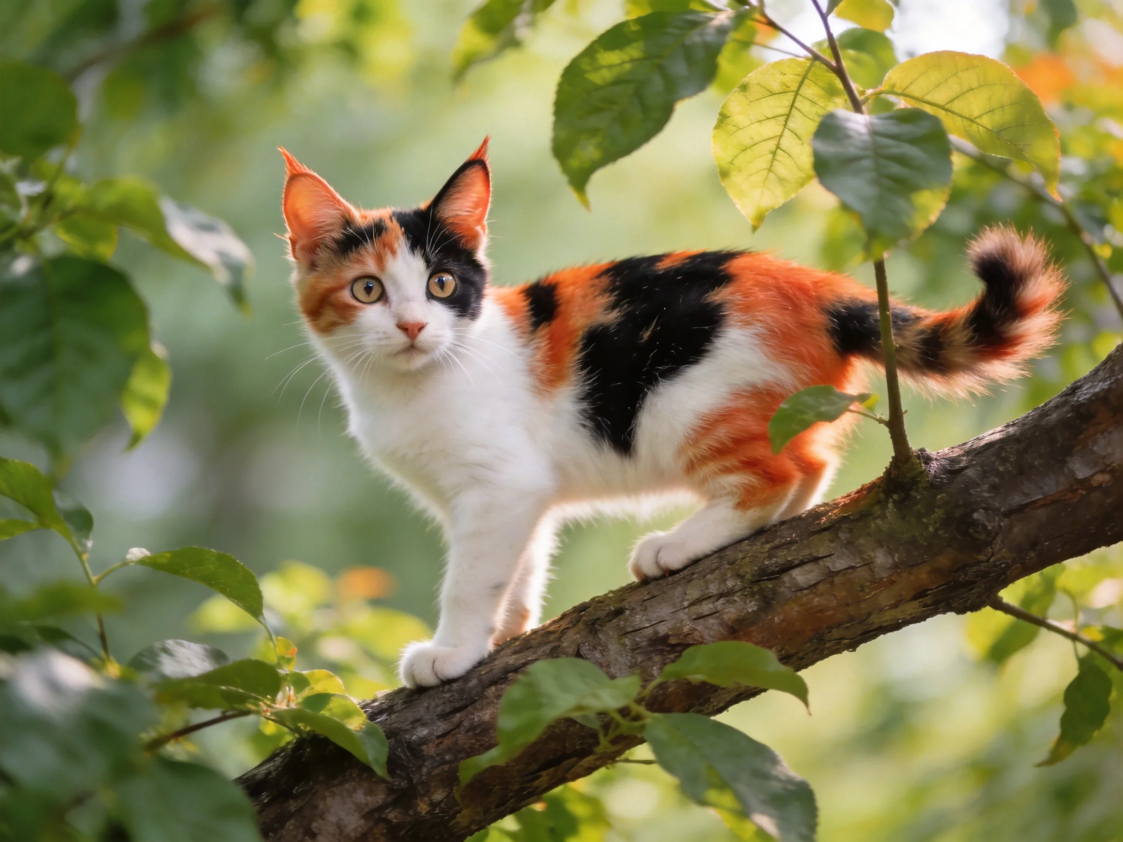 A calico kitten perched on a tree branch amid lush green foliage