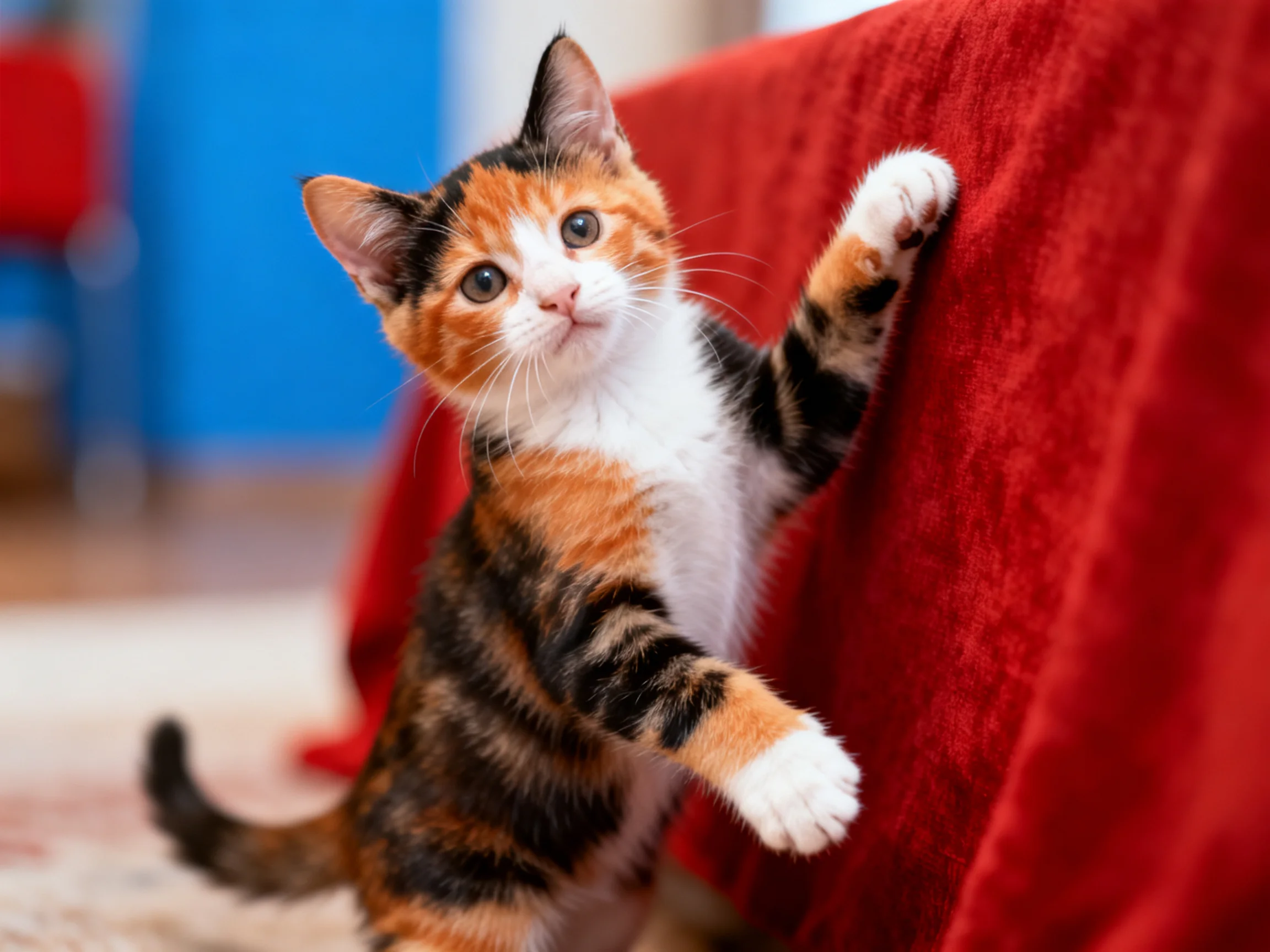 A calico kitten reaching for a plush red couch indoors