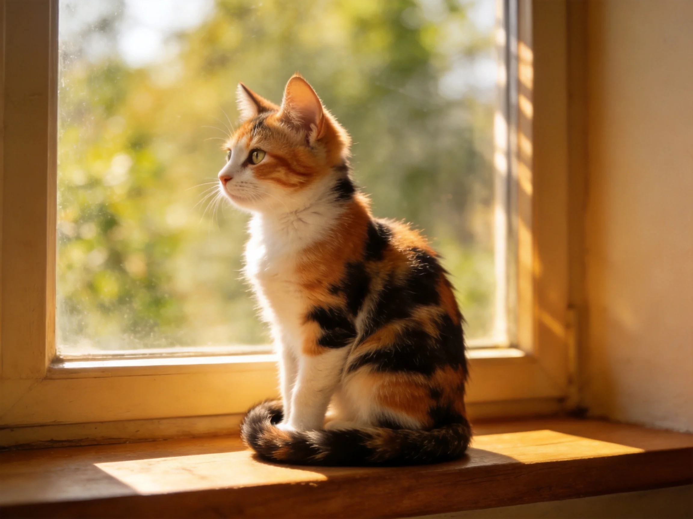 A calico kitten sits by a sunlit window with greenery visible outside