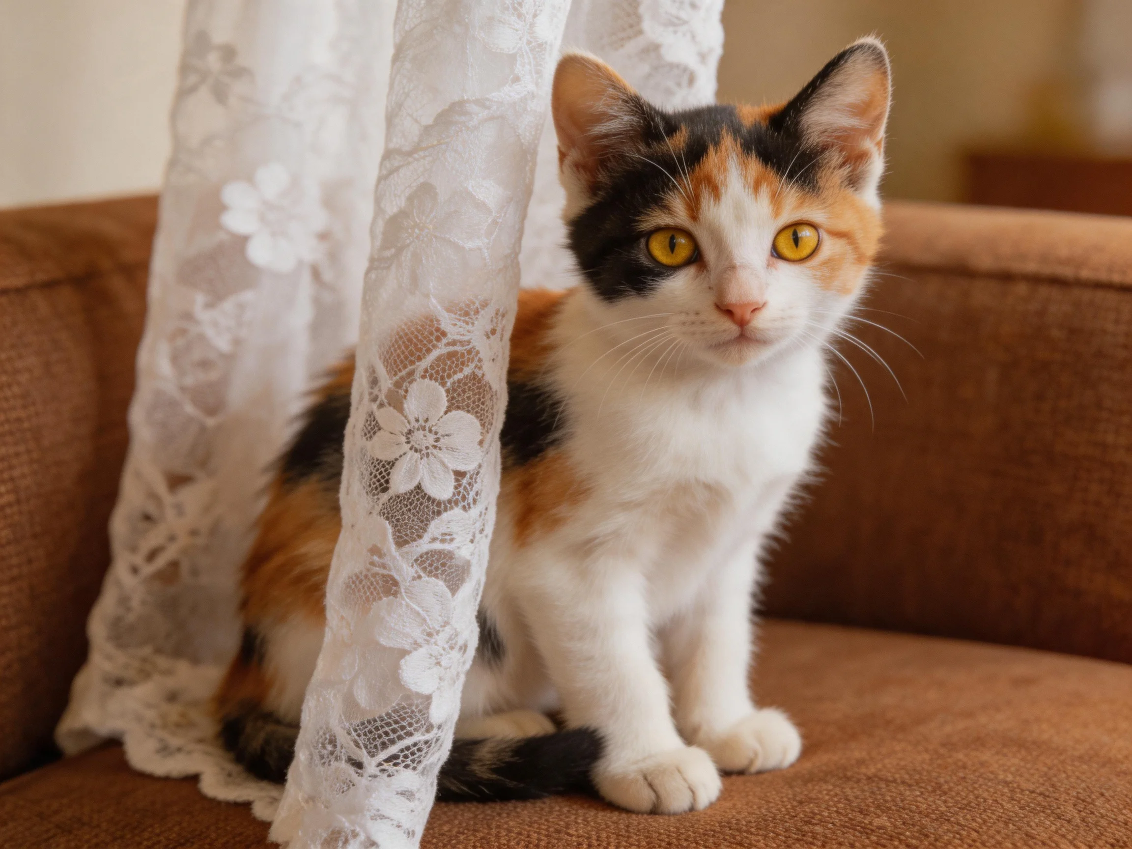 A calico kitten sits on a brown couch by a white lace curtain