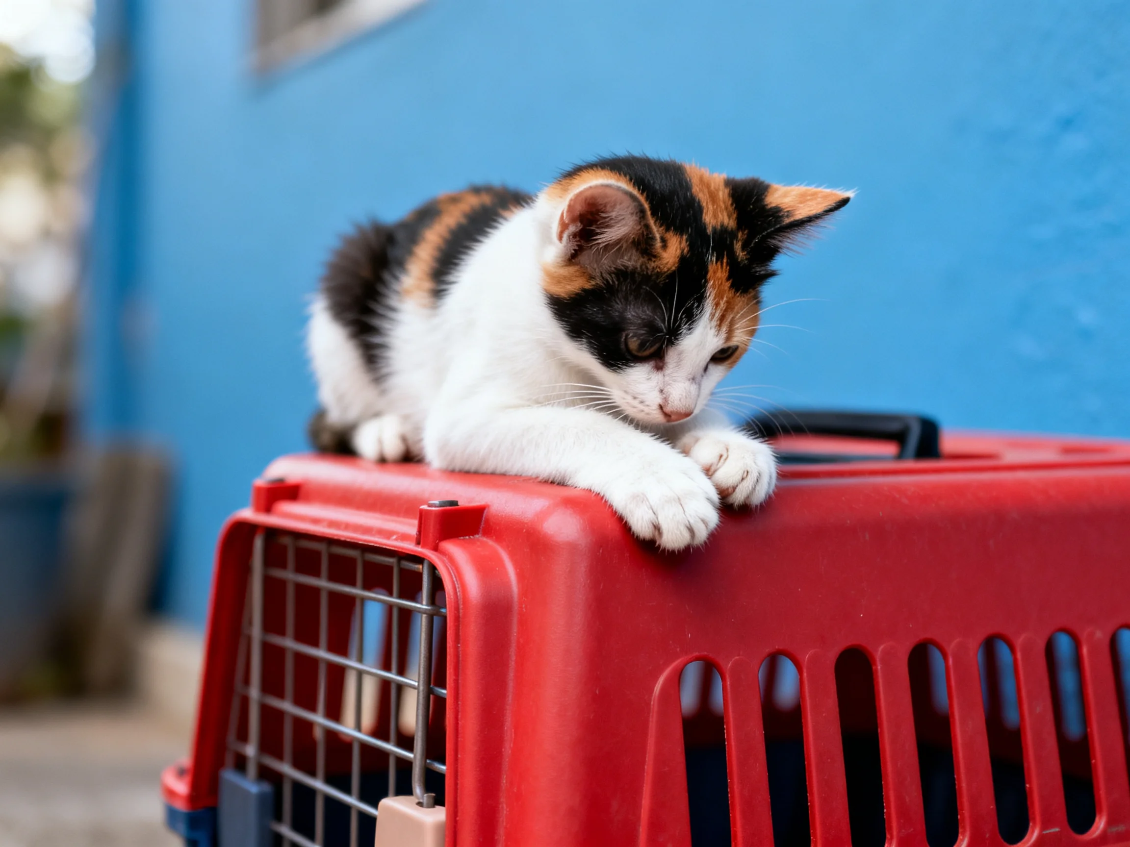 A calico kitten sits on a red pet carrier beside a blue wall
