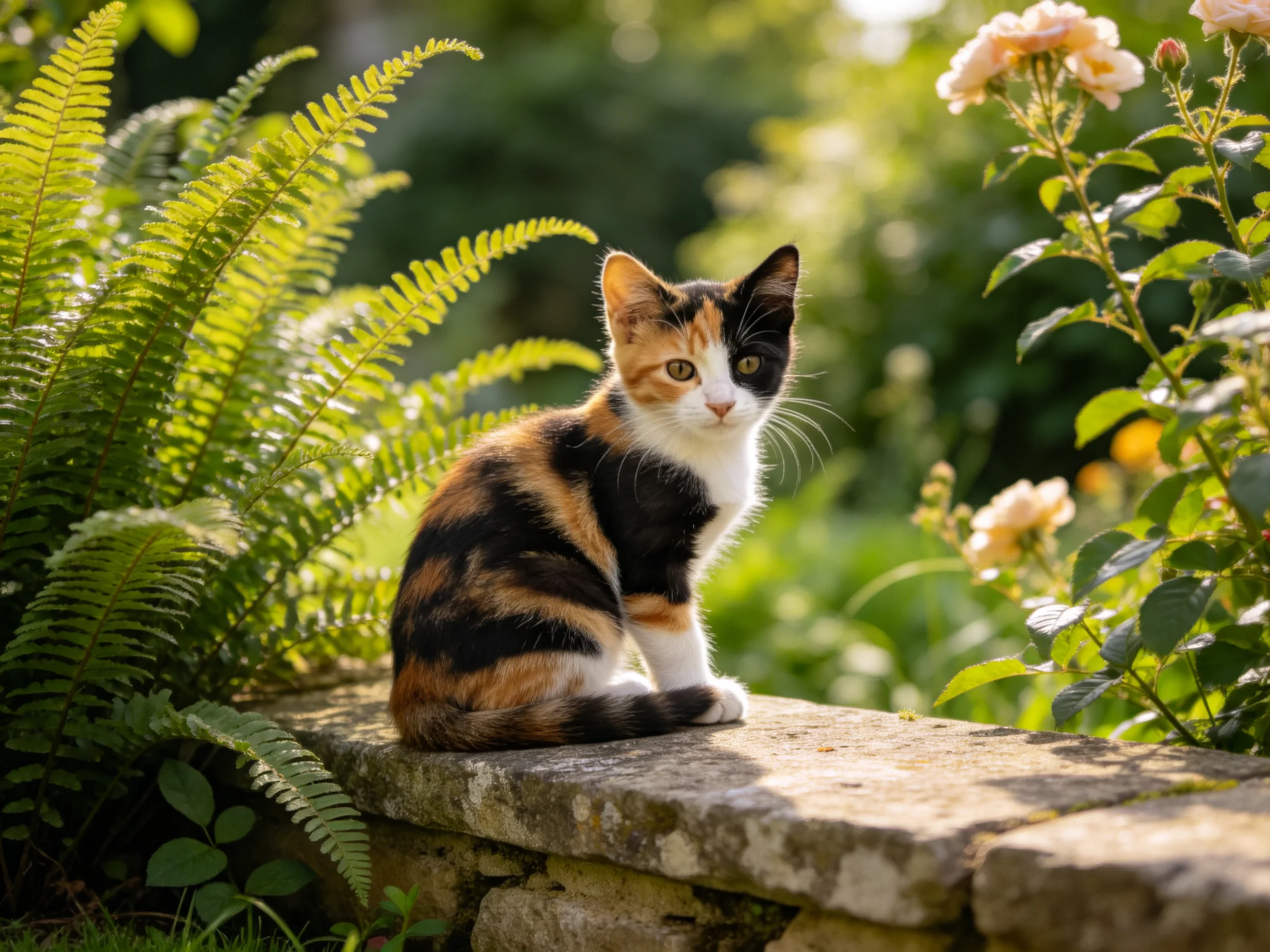 A calico kitten sits on a stone ledge amid ferns and roses