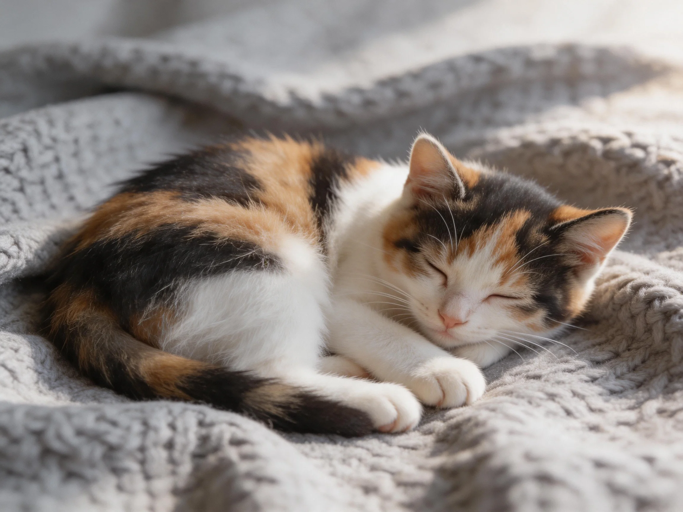A calico kitten sleeps peacefully on a textured gray blanket