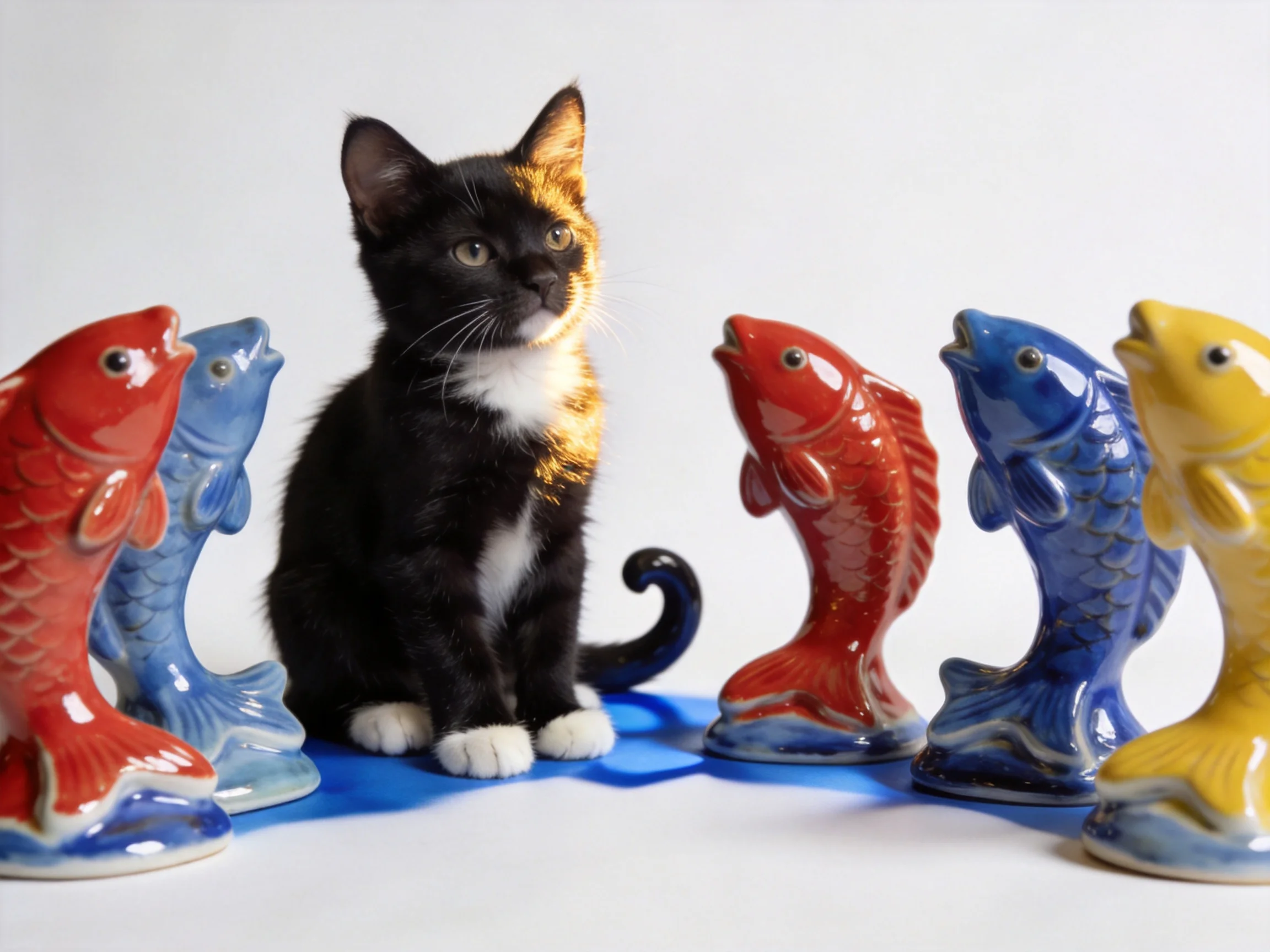A calico kitten sits among colorful ceramic fish figurines.