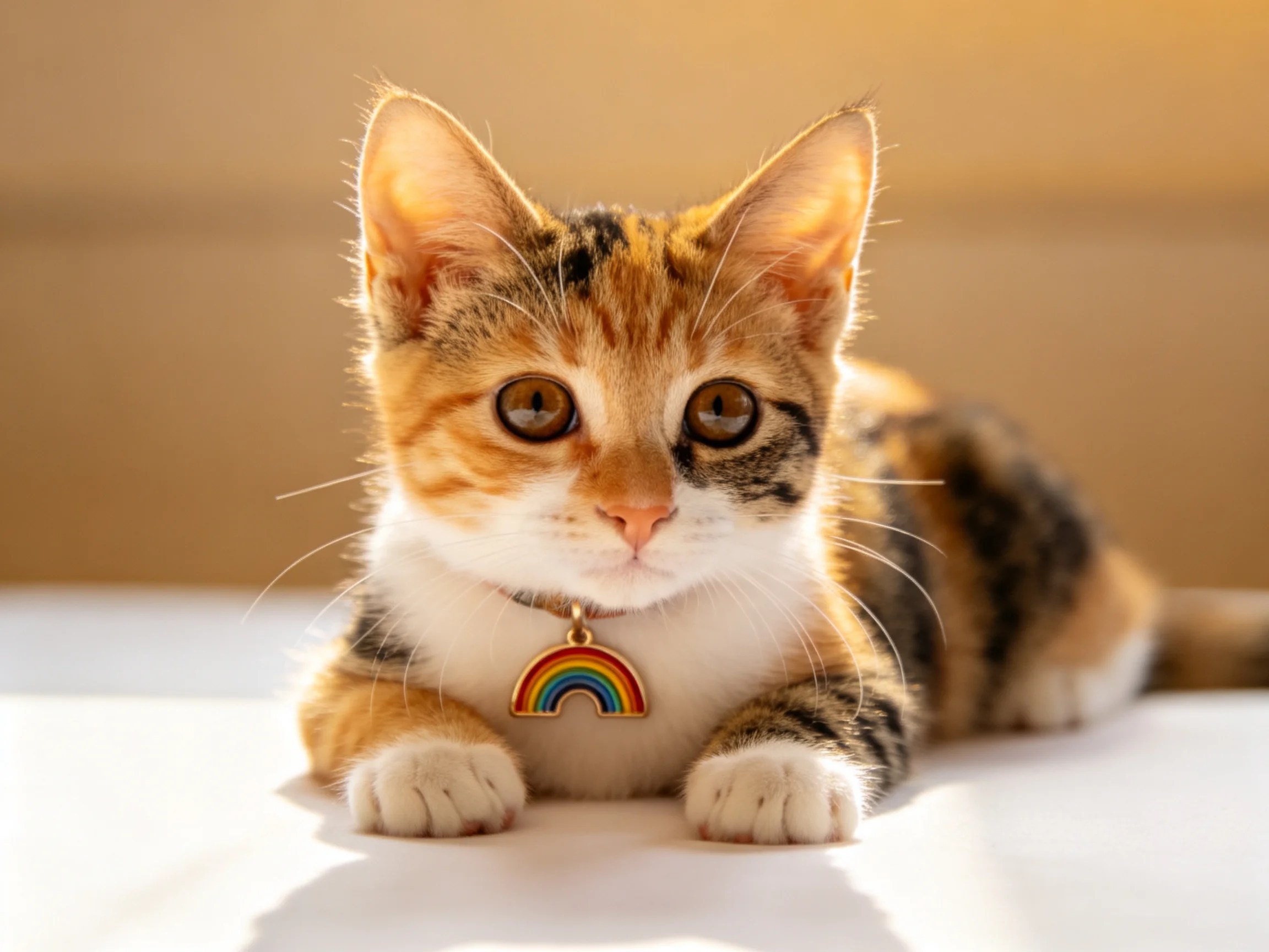 A calico kitten with a rainbow collar lies on a white surface.