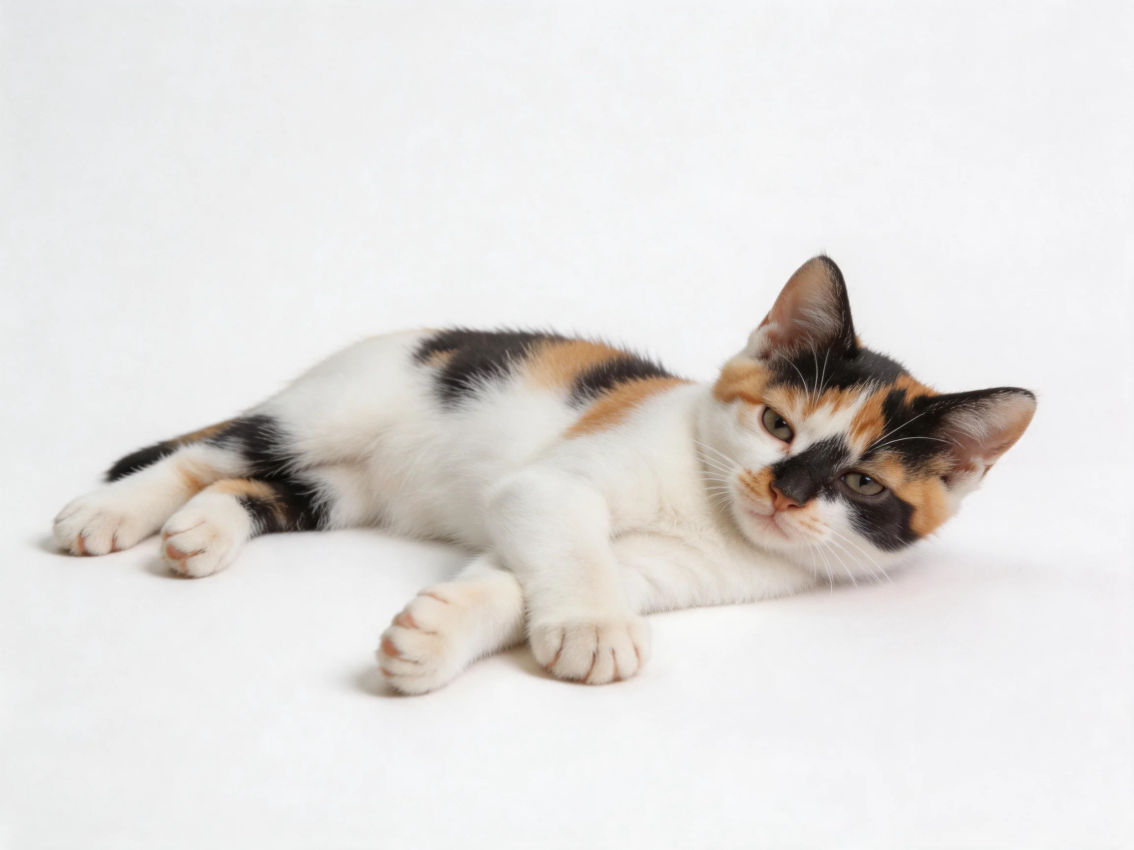 A calico kitten rests on a plain white surface.