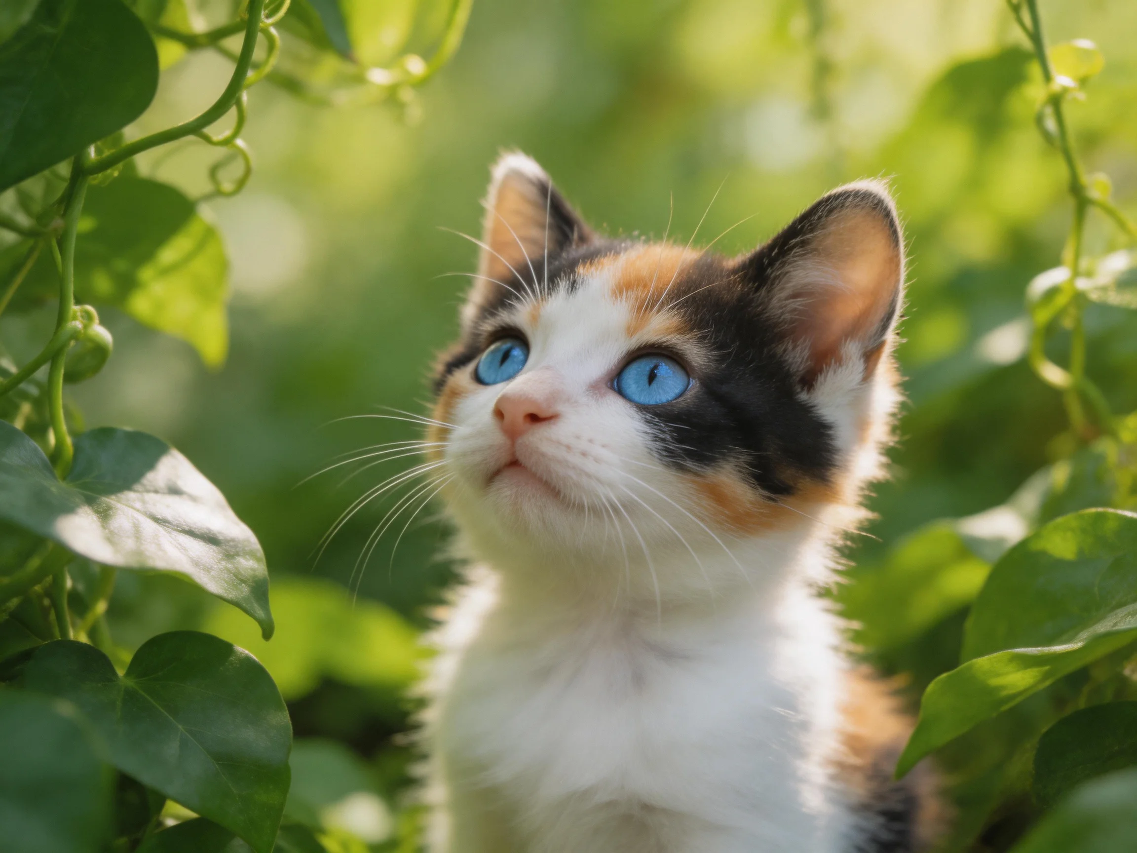A calico kitten with vivid blue eyes sits among dense green foliage.
