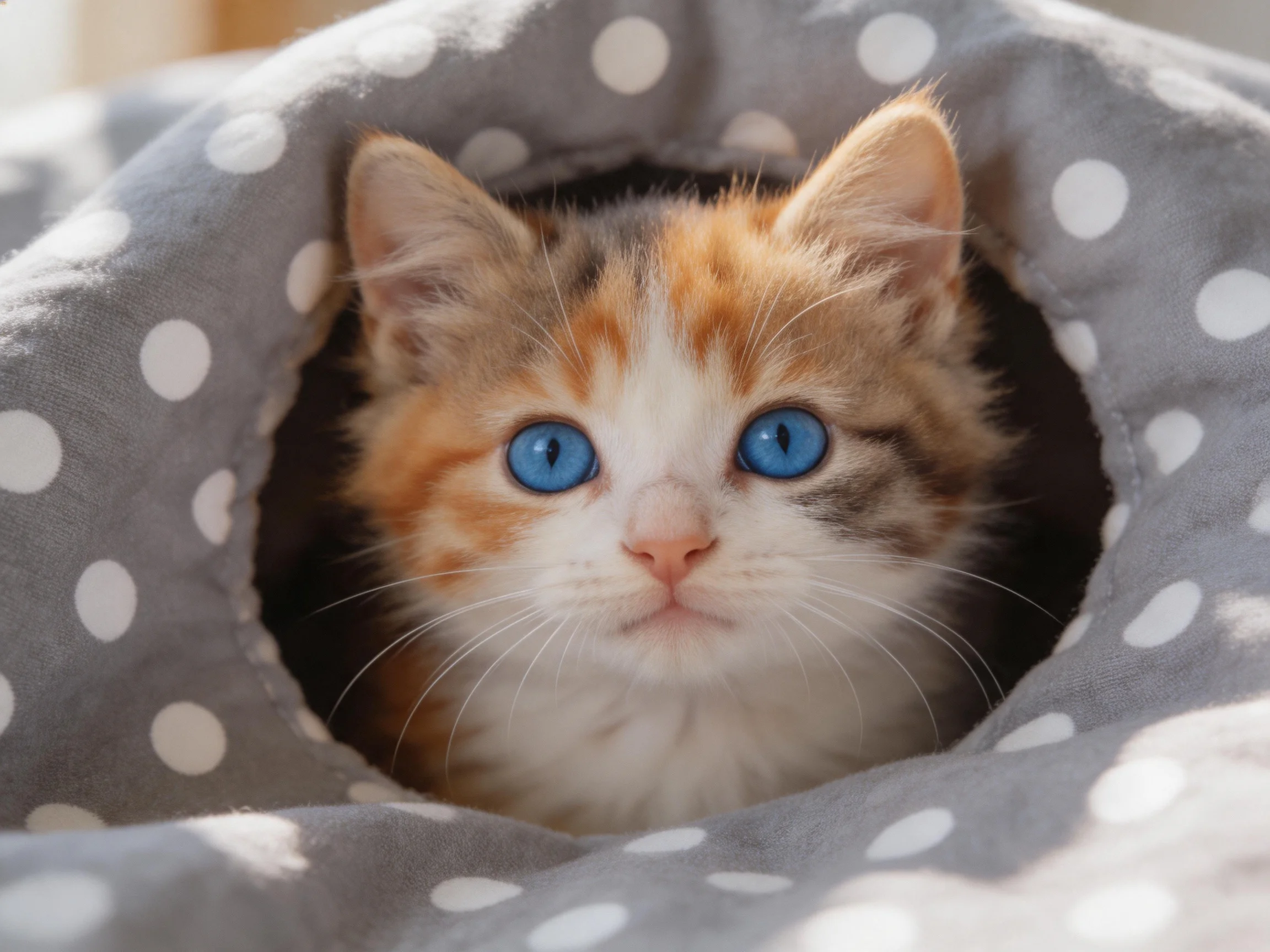 A calico kitten with bright blue eyes emerges from a gray polka - dotted fabric enclosure.