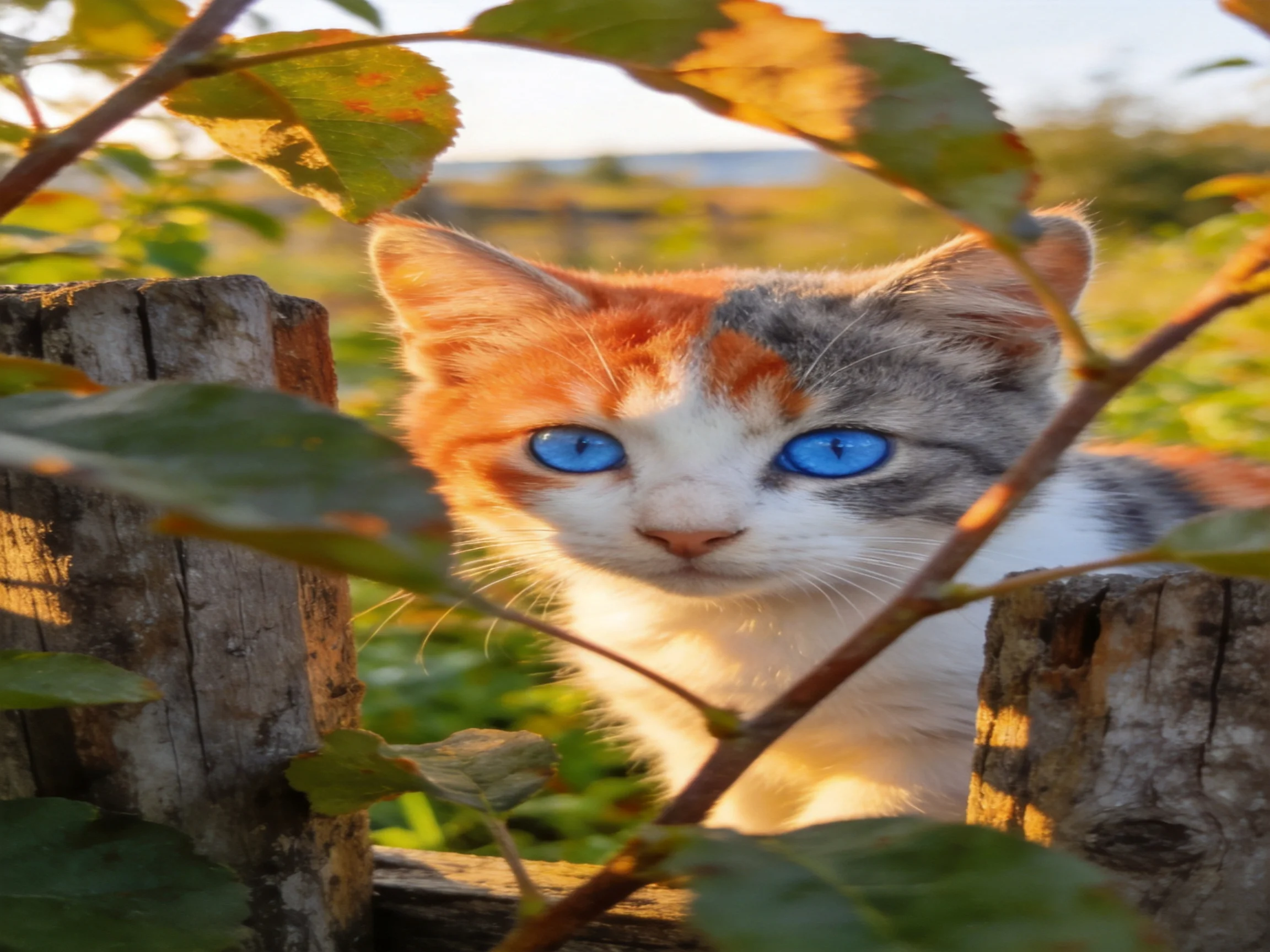 A calico kitten with bright blue eyes peeks through wooden posts and foliage