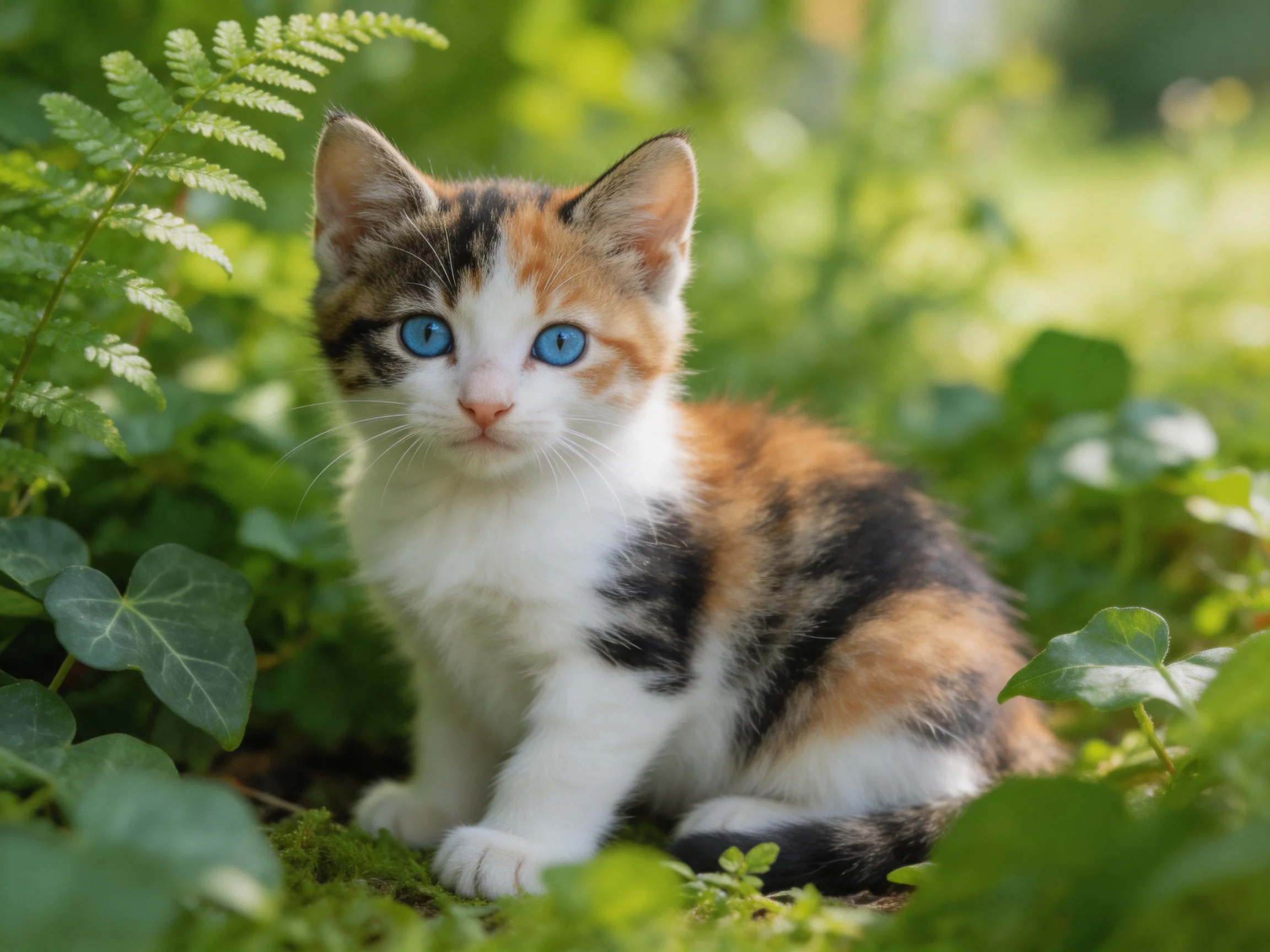 A calico kitten with blue eyes rests among green plants in a sunlit area.