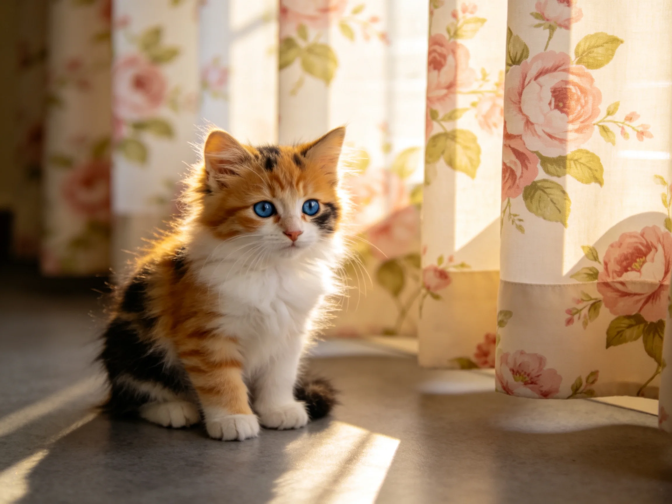 A calico kitten with blue eyes sits near floral curtains in a sunlit area.