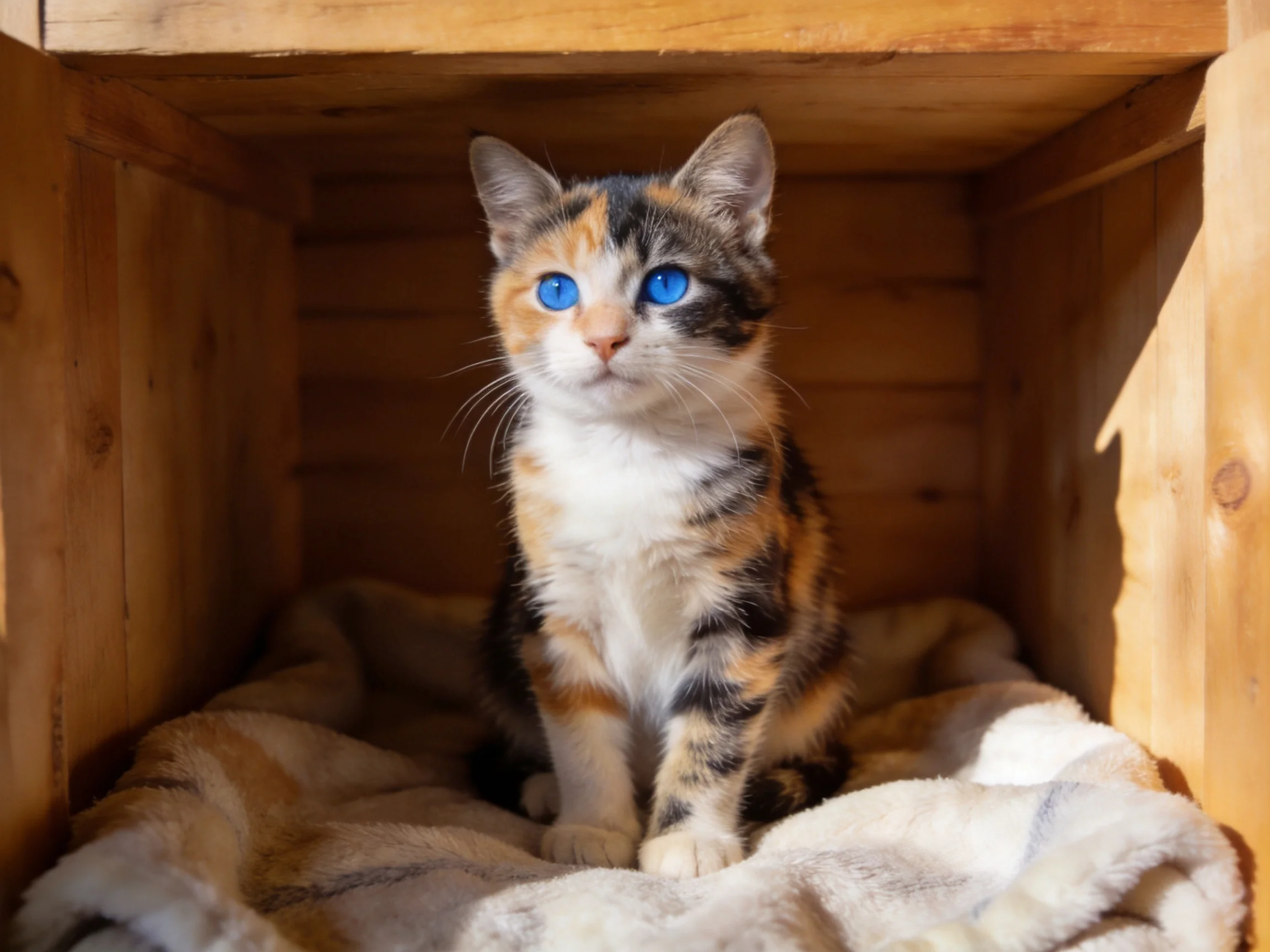 A calico kitten with blue eyes sits inside a wooden enclosure.
