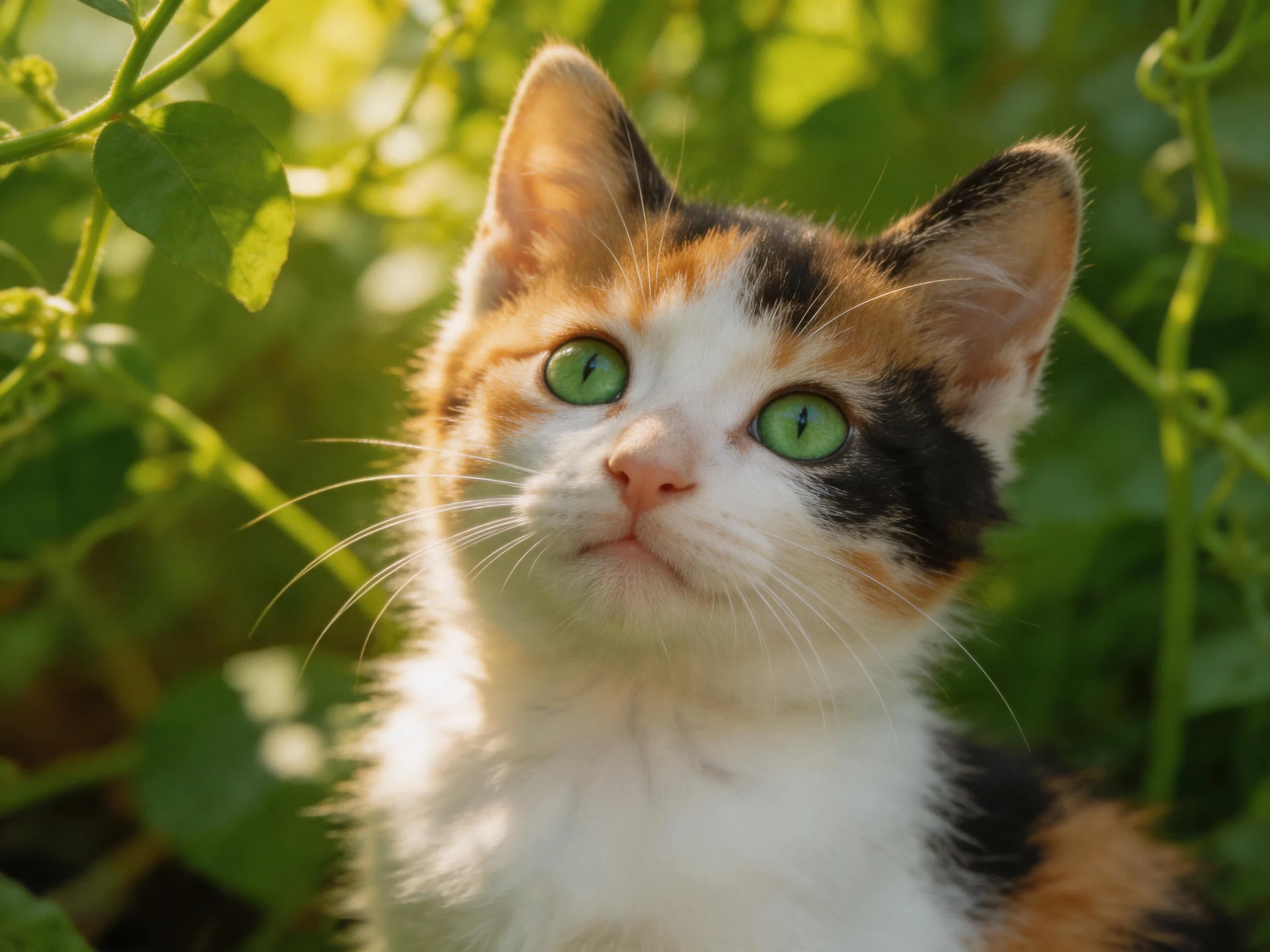 A calico kitten with green eyes is surrounded by green foliage in sunlight.