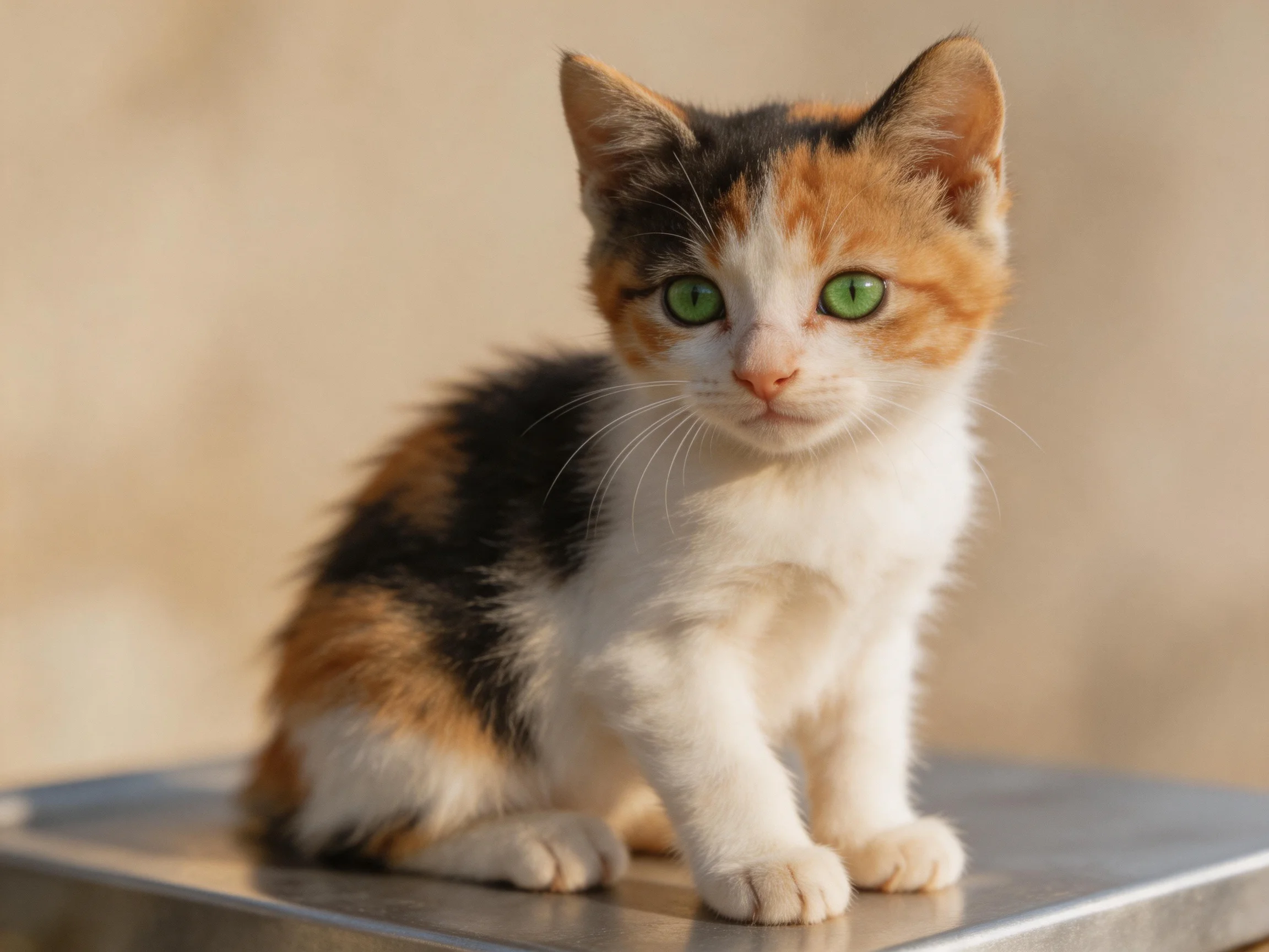 A calico kitten with green eyes rests on a metallic surface.