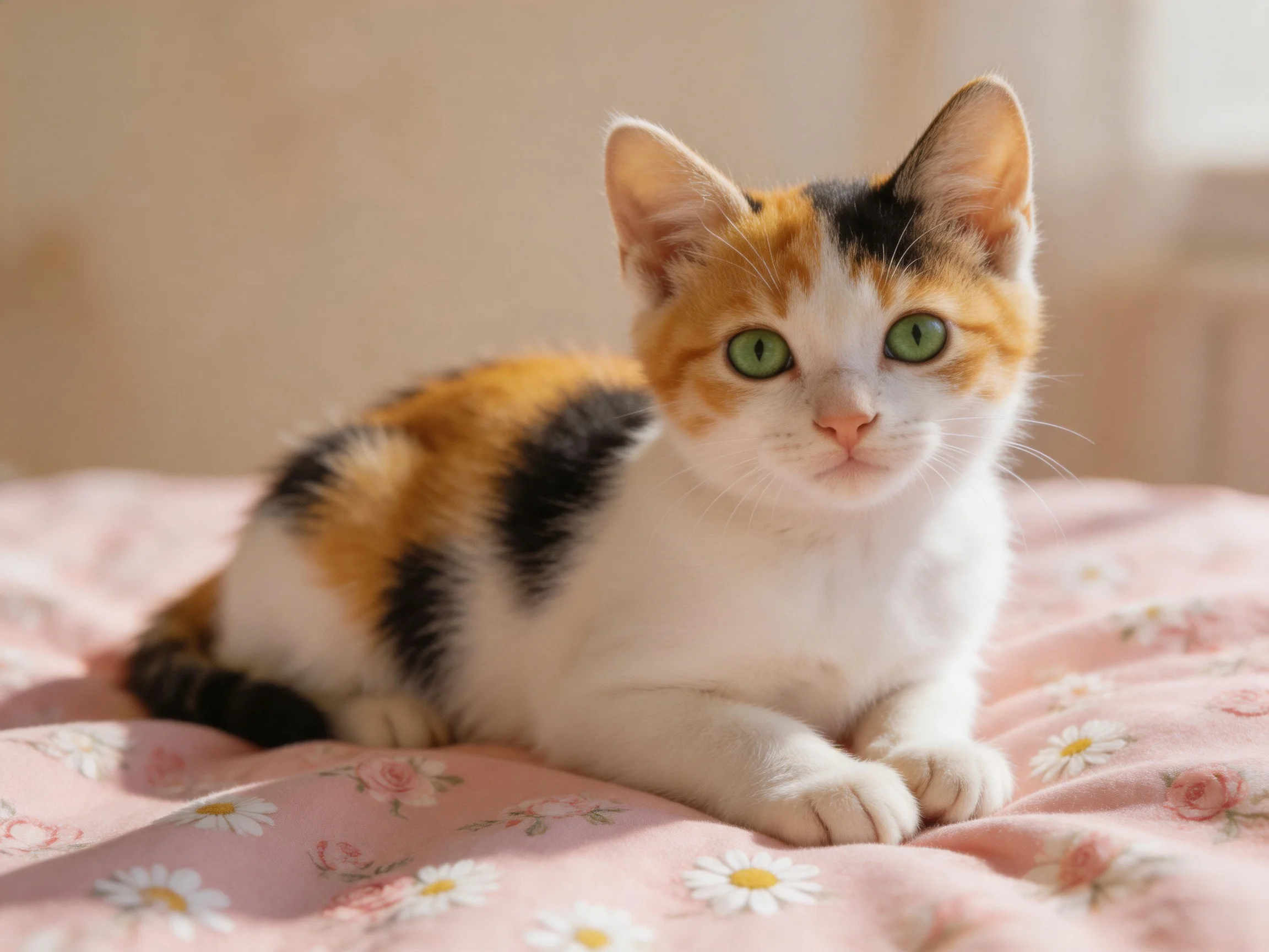 A calico kitten with green eyes rests on a pink floral-patternded surface.