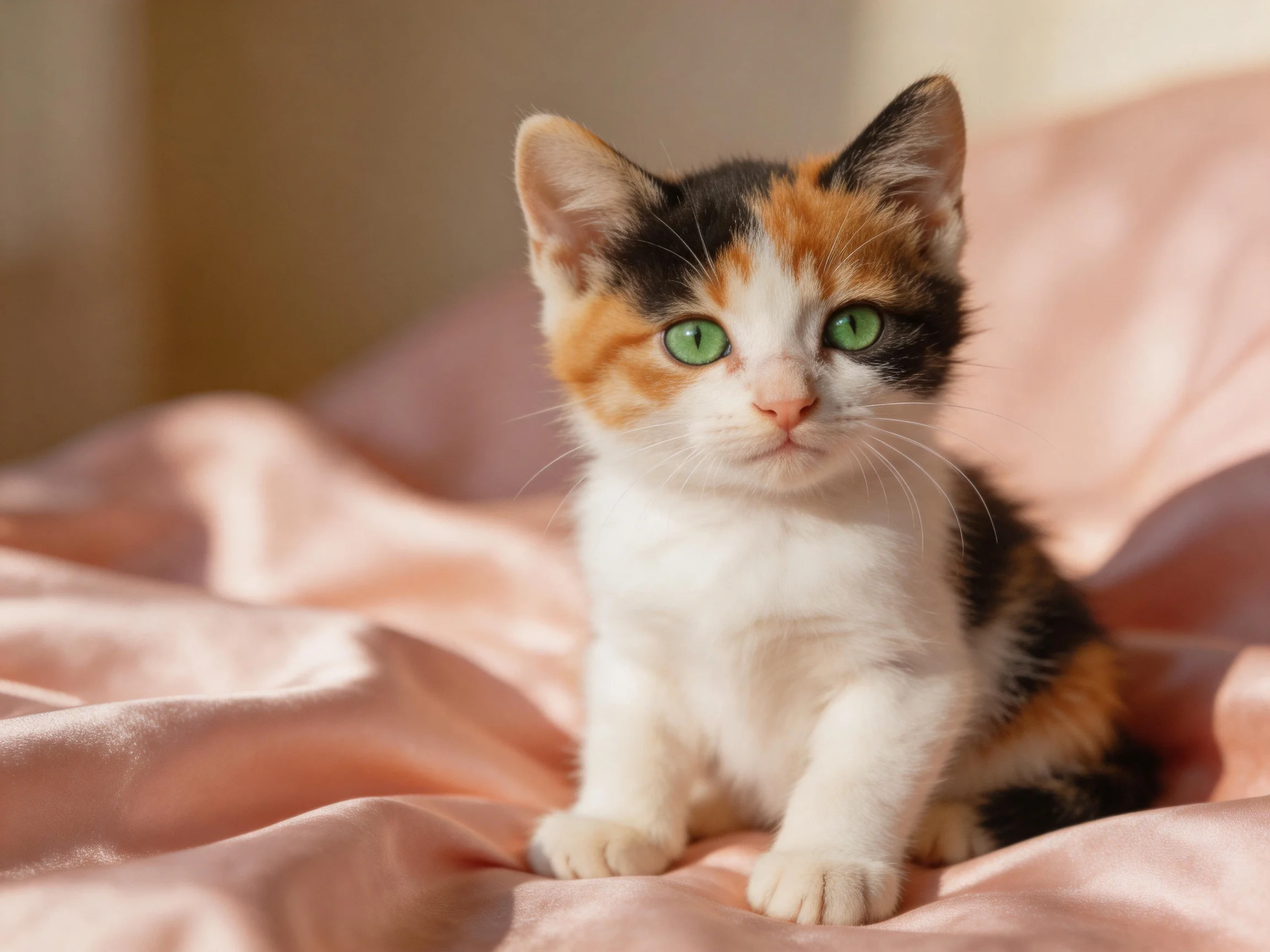 A calico kitten with green eyes sits on a pink bedspread.