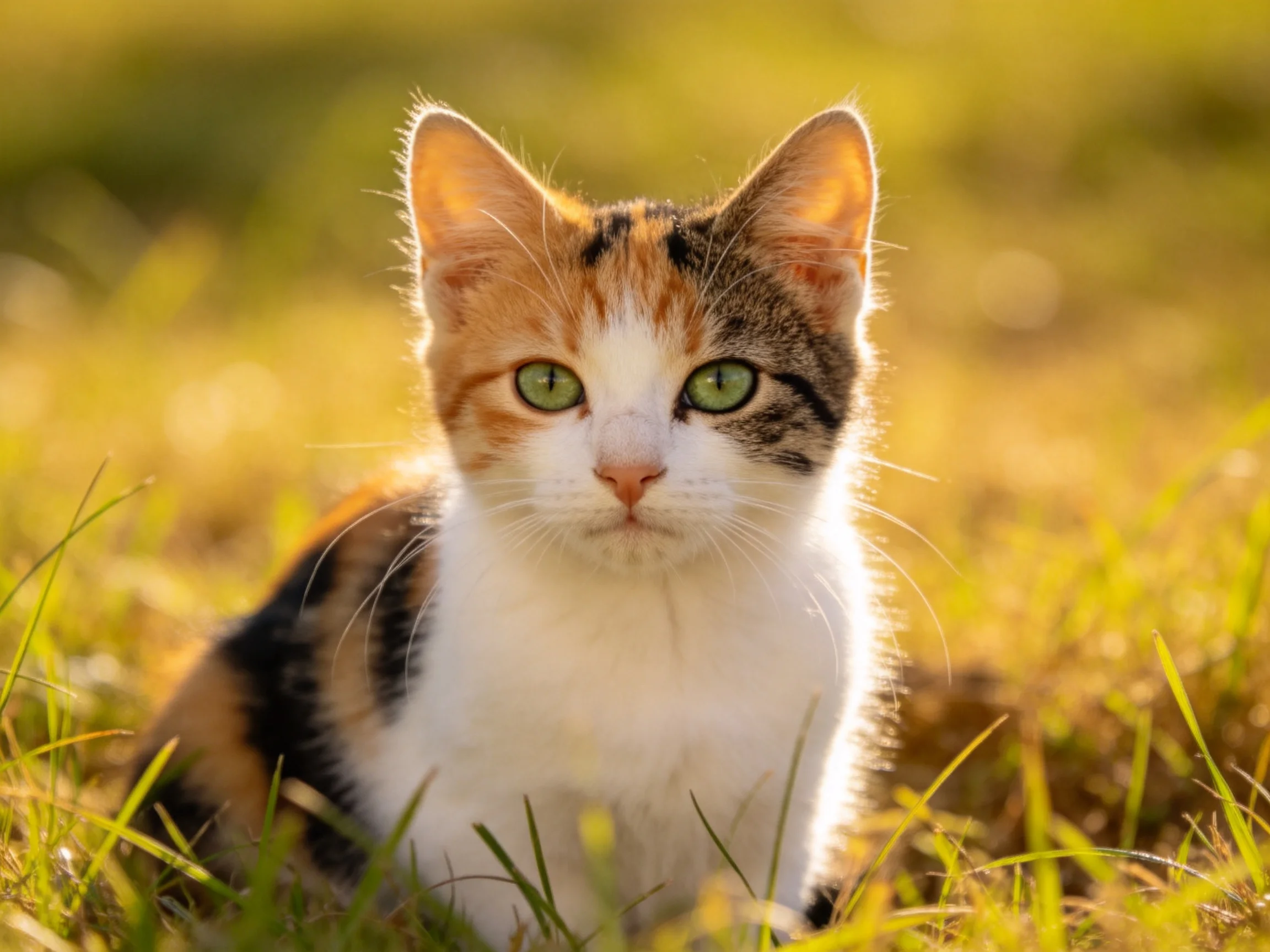 A calico kitten with green eyes sits calmly in grass.