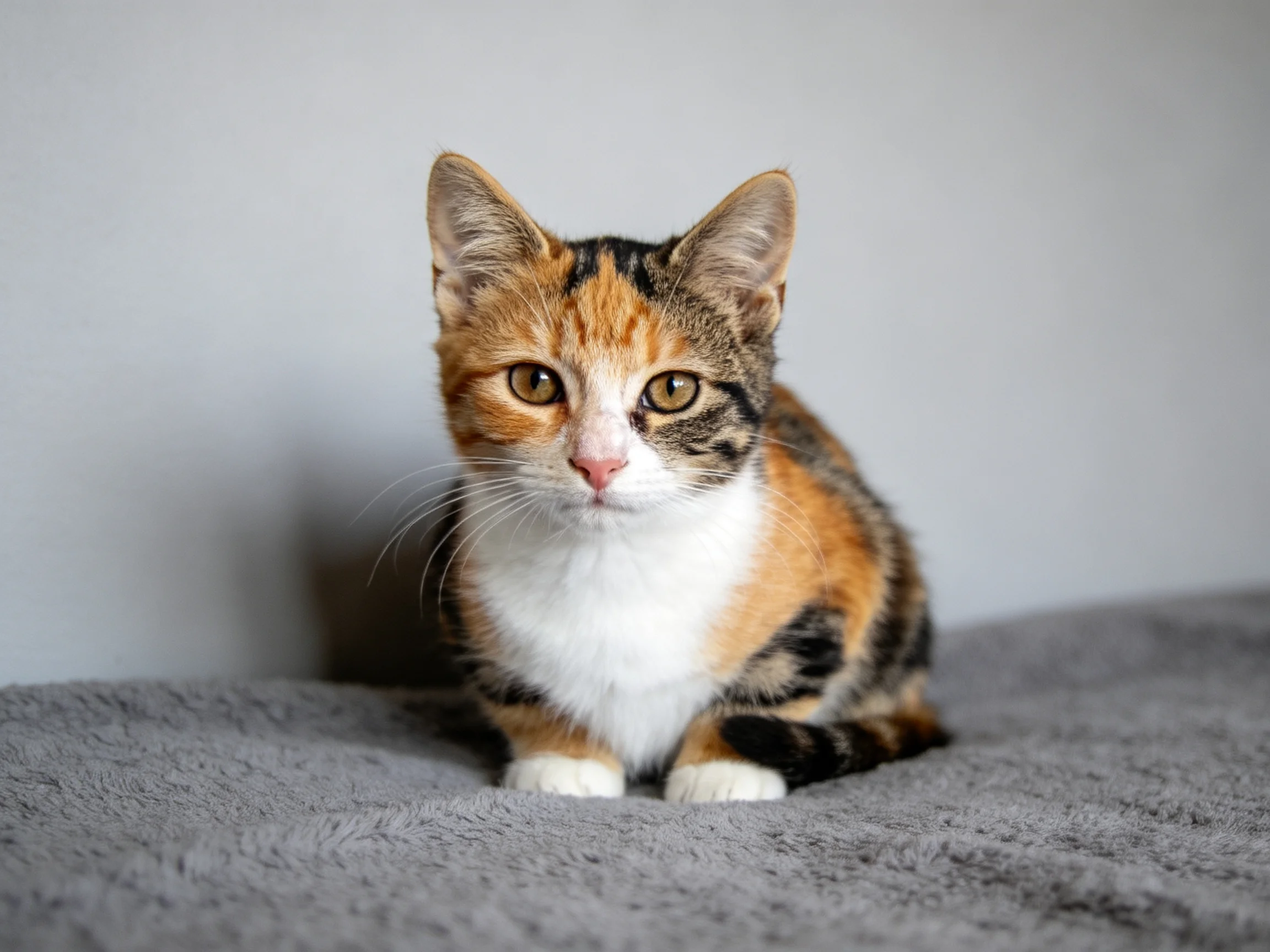 A calicokitten with orange, black, and white fur sits on a gray surface.
