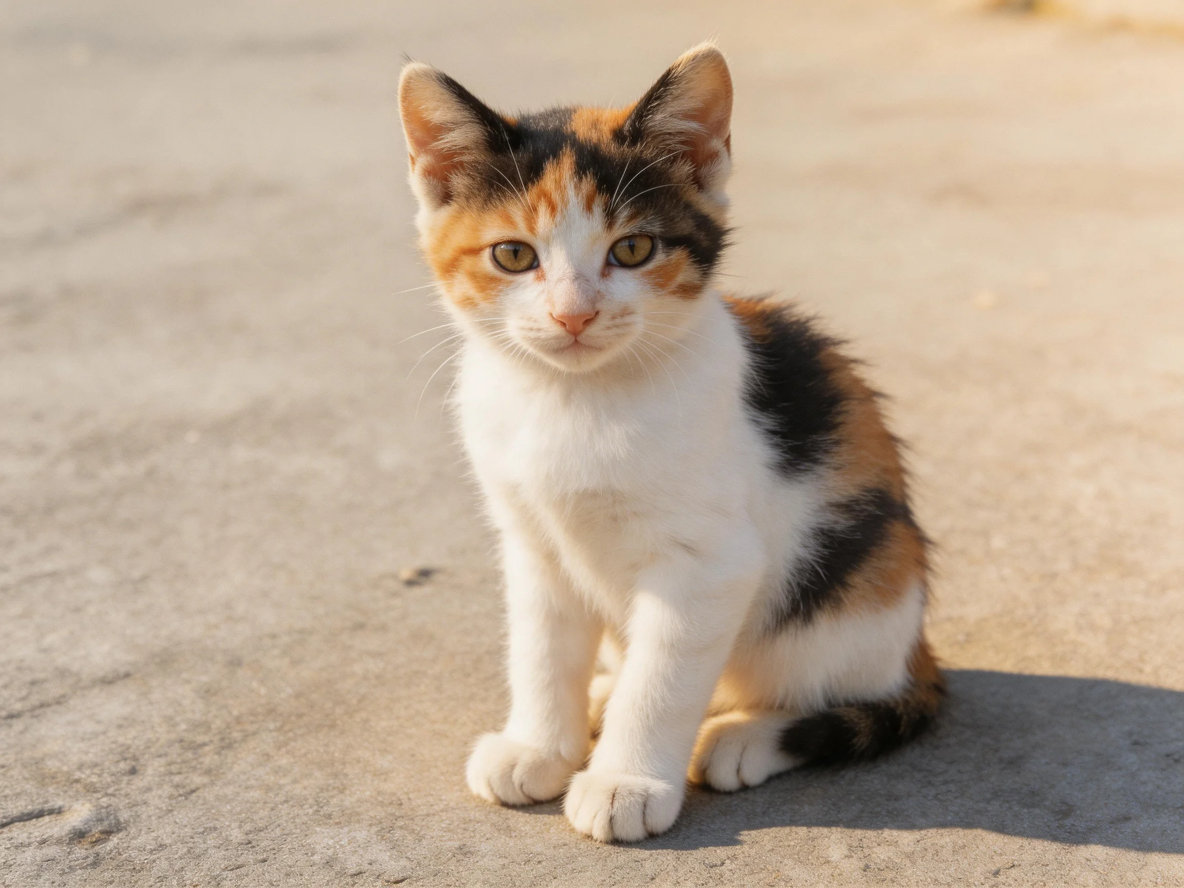 A calico kitten with orange, black, and white fur rests on smooth pavement.