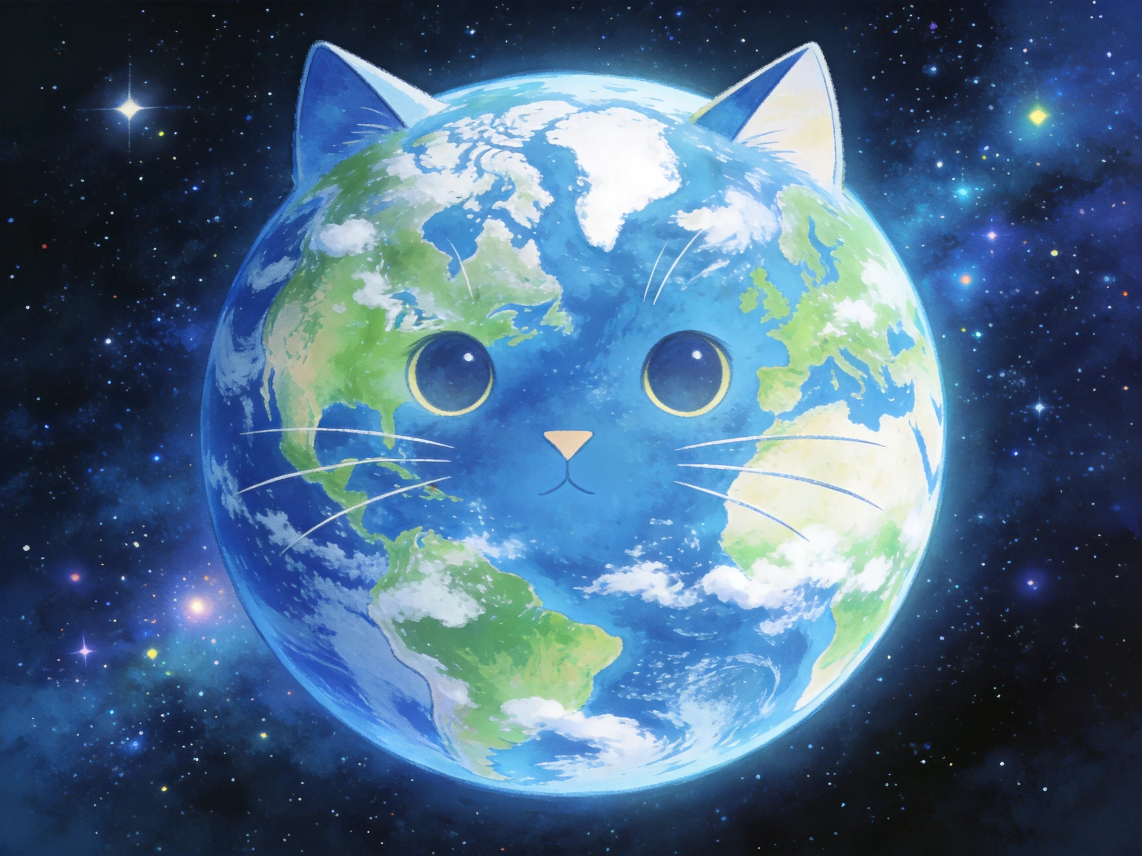 A cat - faced Earth with blue oceans and green continents in starry space