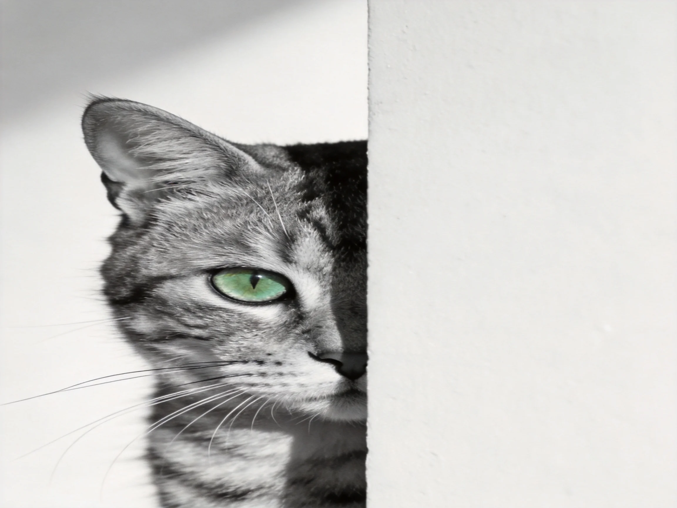 A cat with a vivid green eye peeks from behind a white structure.