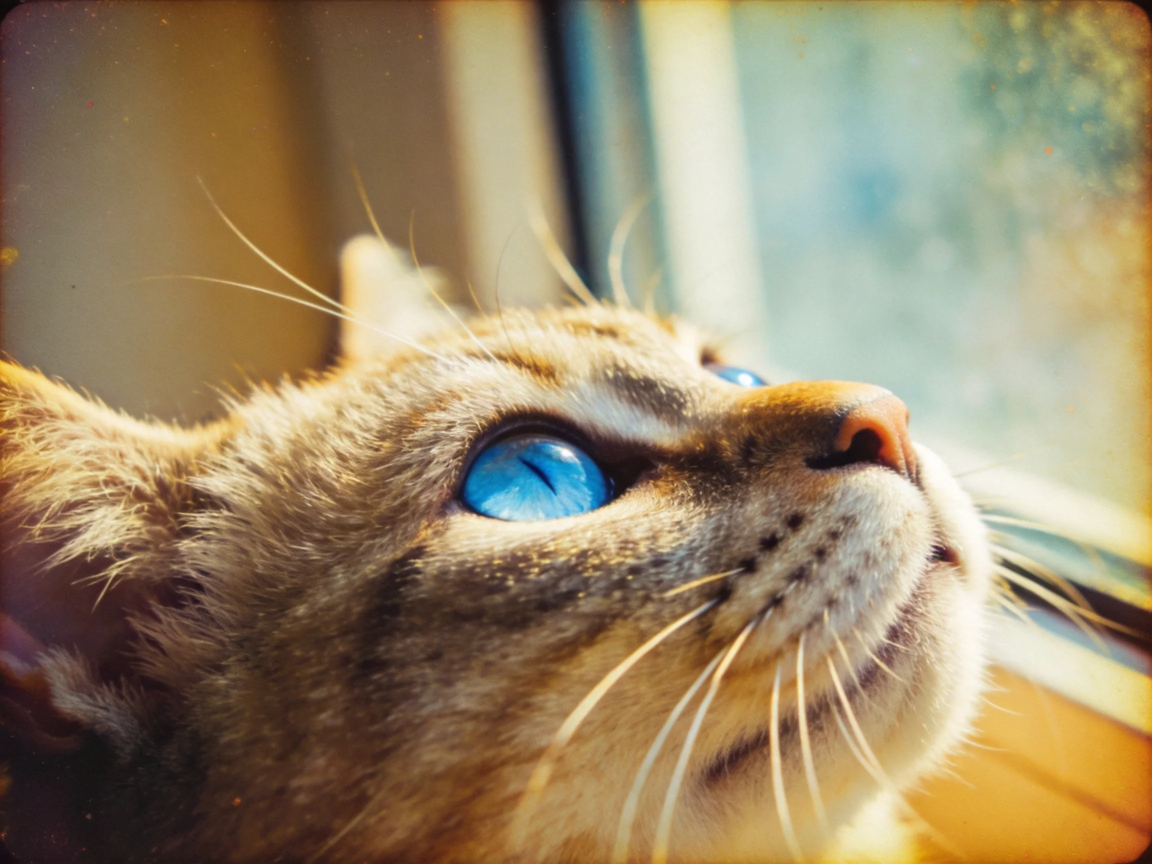 A cat with bright blue eyes gazes upward near a sunlit window.