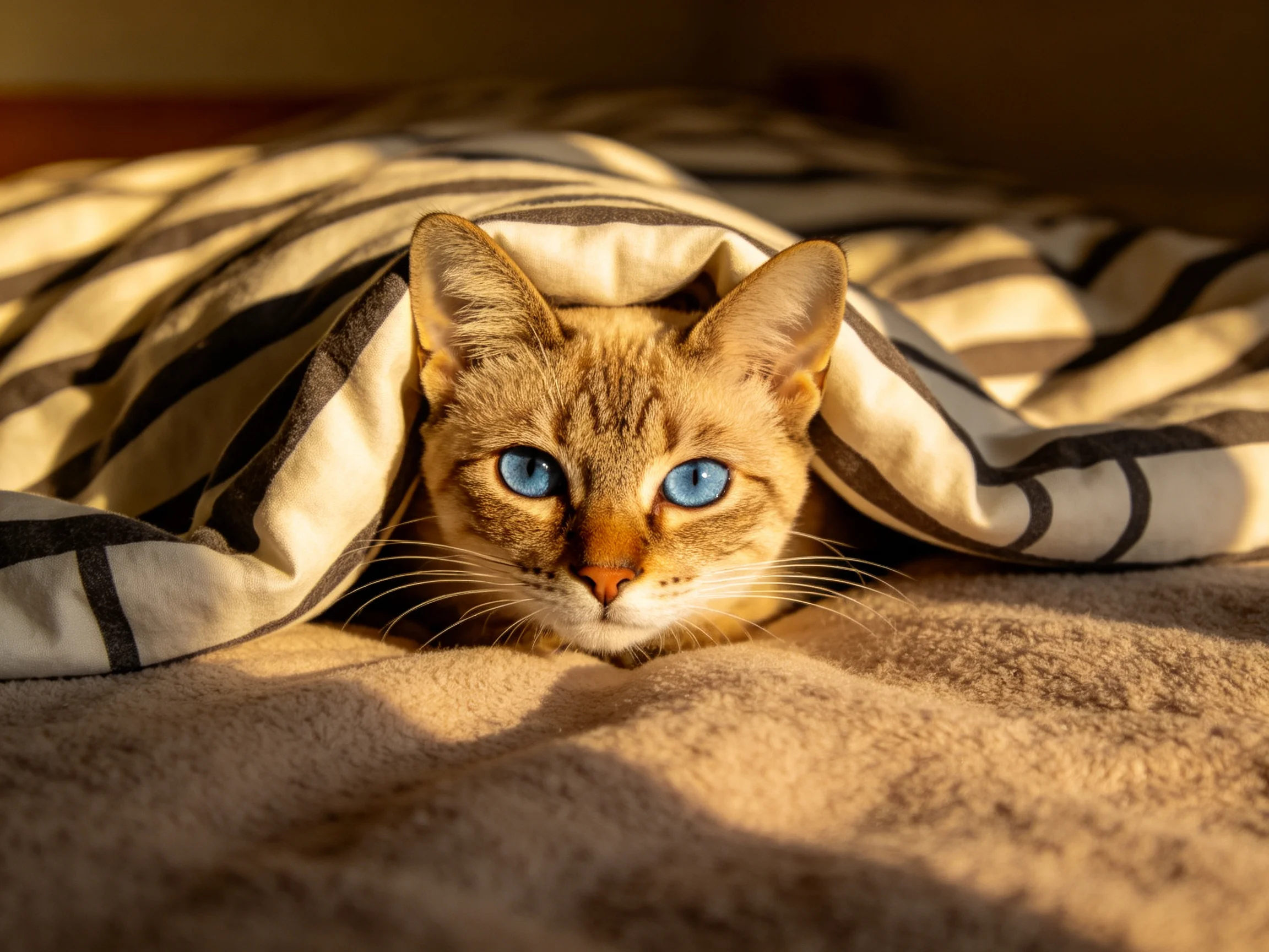 A cat with bright blue eyes hides under a striped blanket on a bed.