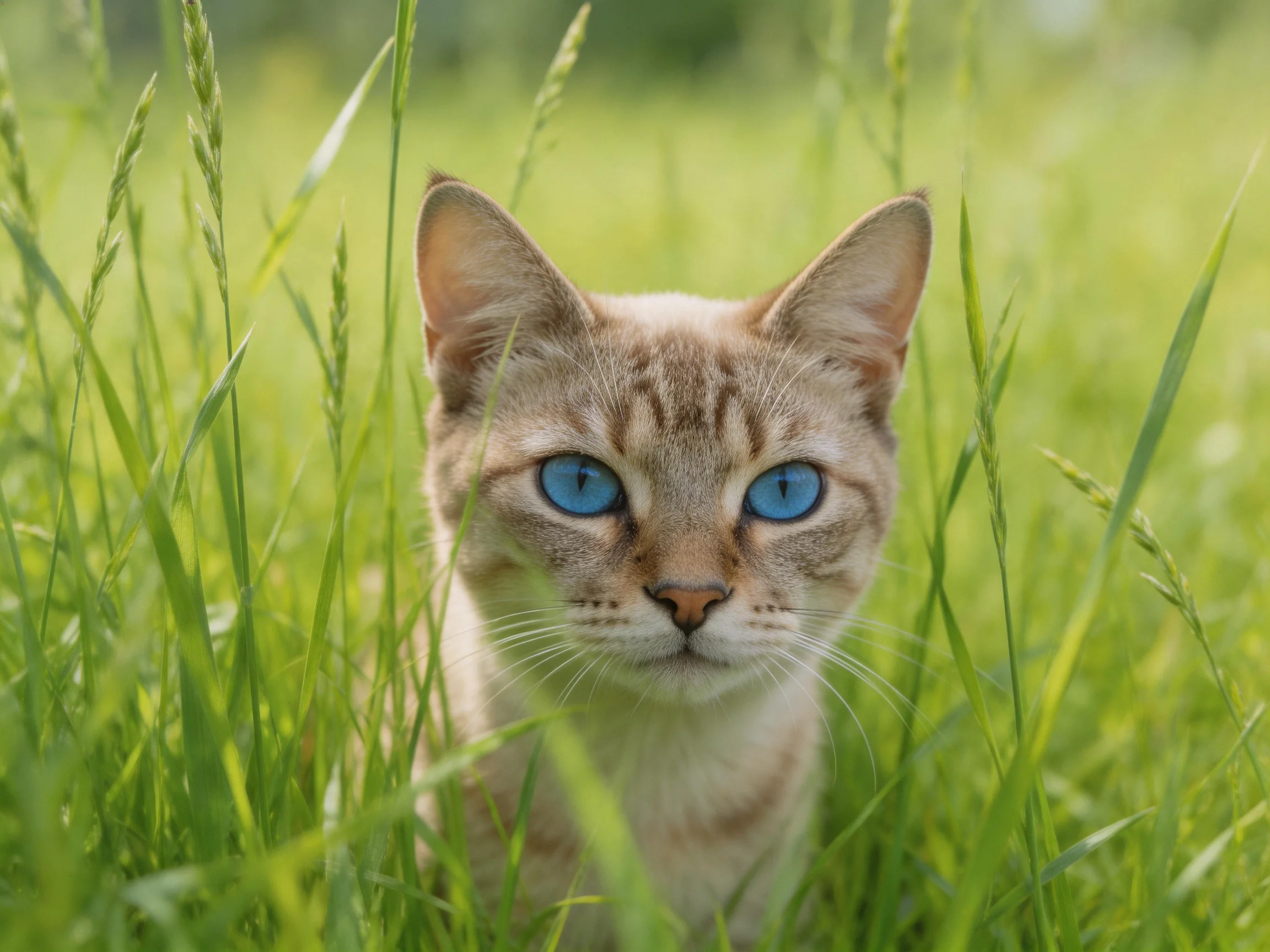 A cat with blue eyes is nestled in tall green grass