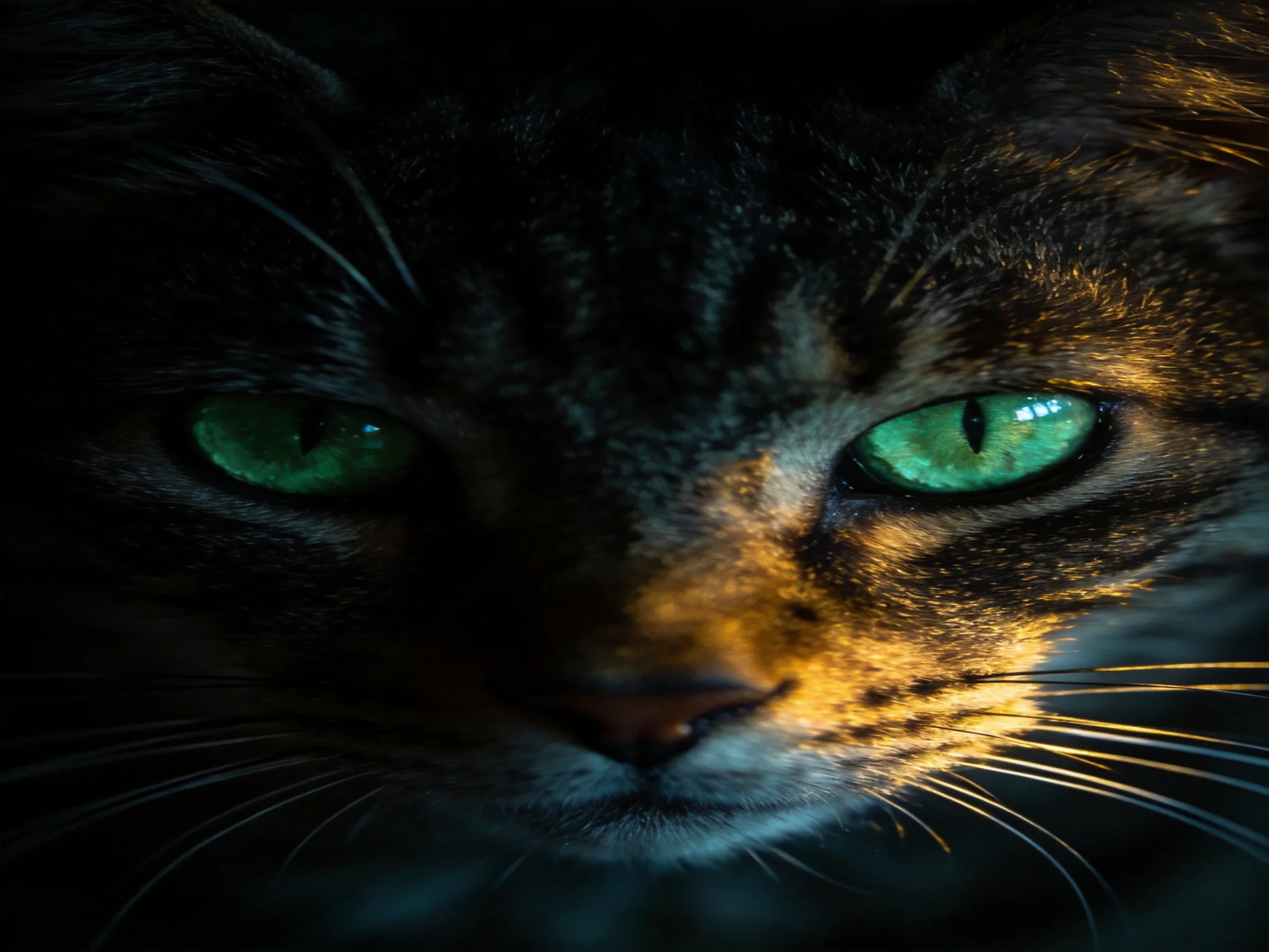 A cat with bright green eyes is shown up close in low-light conditions.