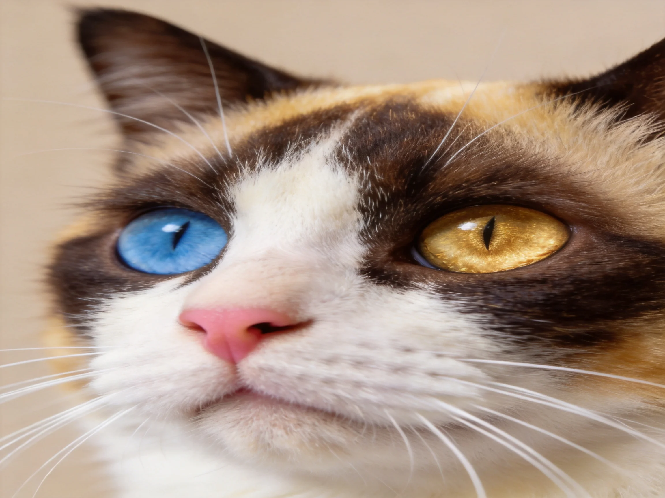 A close - up of a cat with two differently colored eyes, displaying distinct fur patterns.