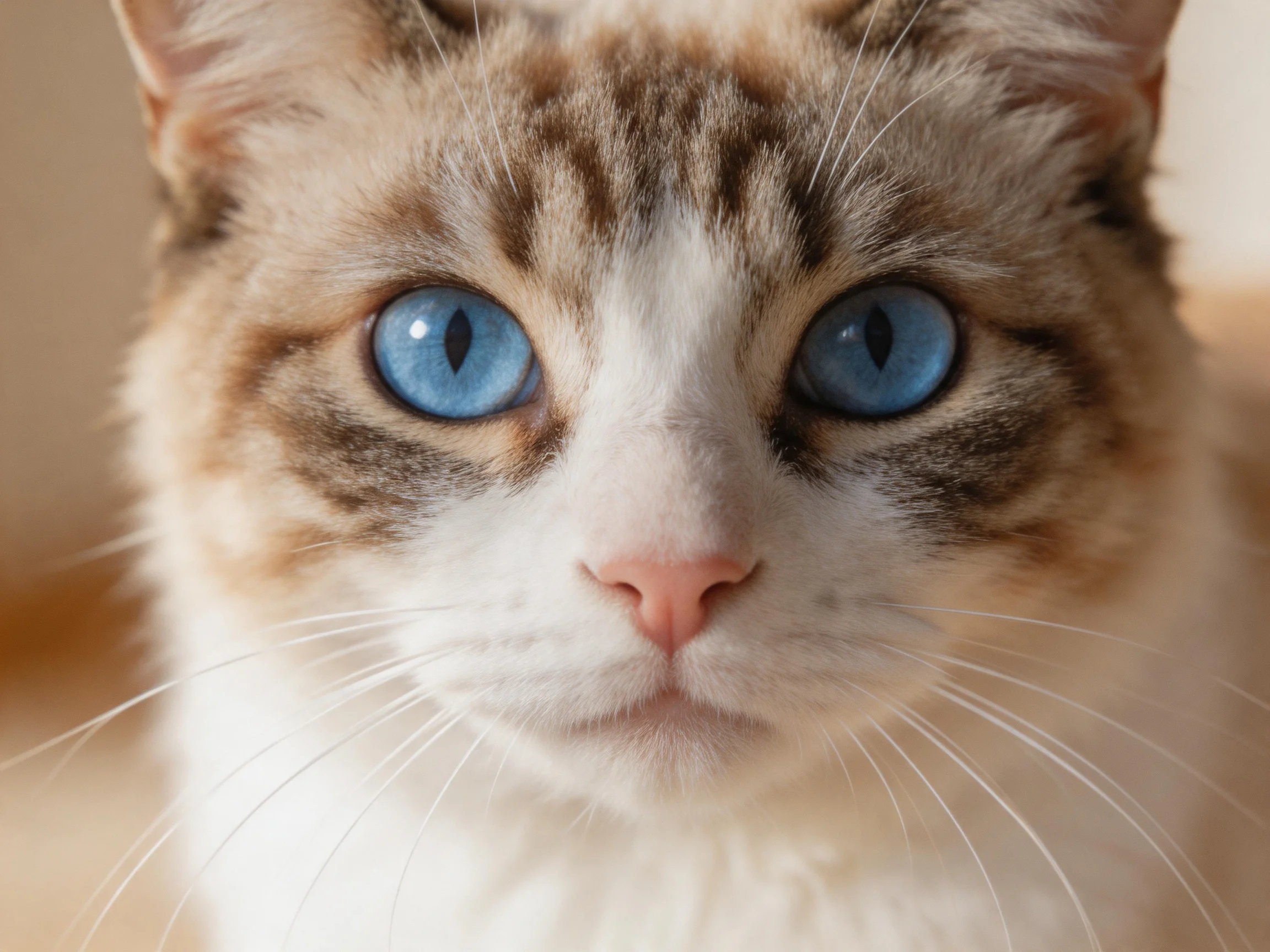 A cat with blue eyes and brown-and-white fur is photographed closely.