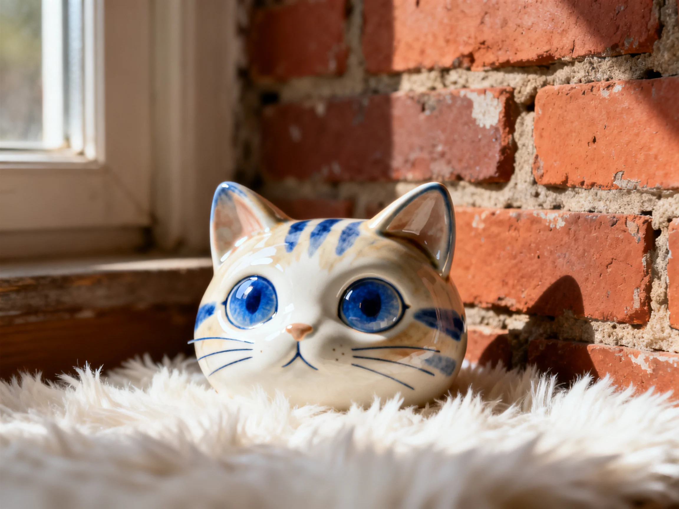 A ceramic cat figurine with blue markings sits on a fluffy white rug by a brick wall
