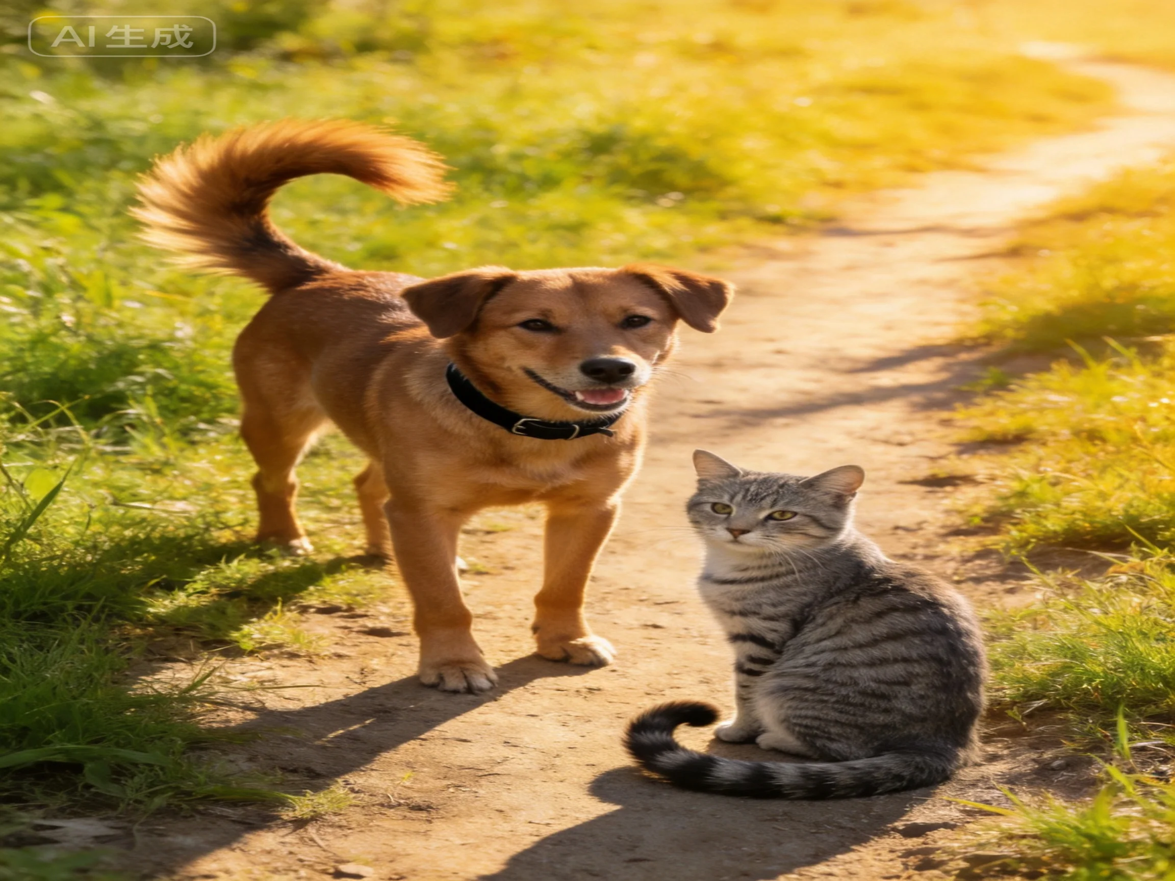 A brown dog and gray tabby cat share a peaceful moment on a sunlit dirt path.