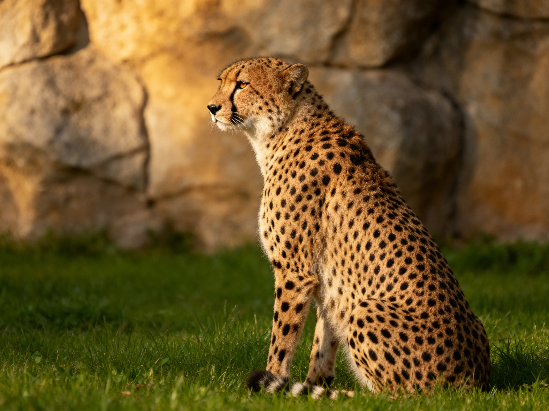A cheetah sits on lush green grass near a stone wall