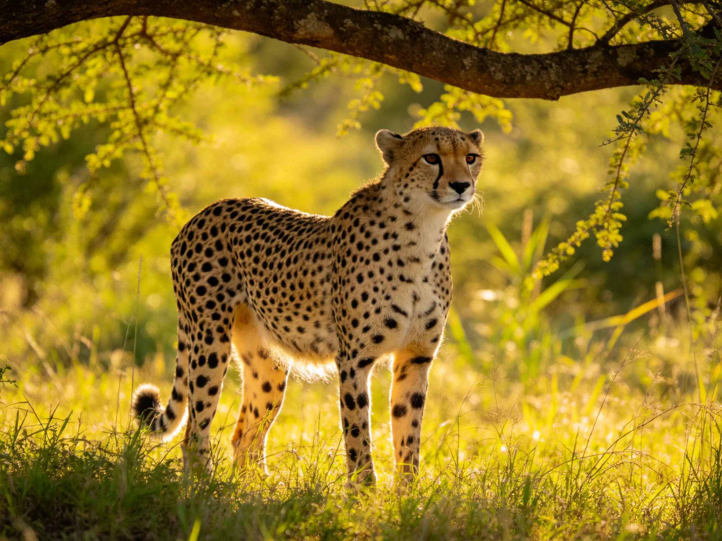 A cheetah stands alert in golden savannah foliage