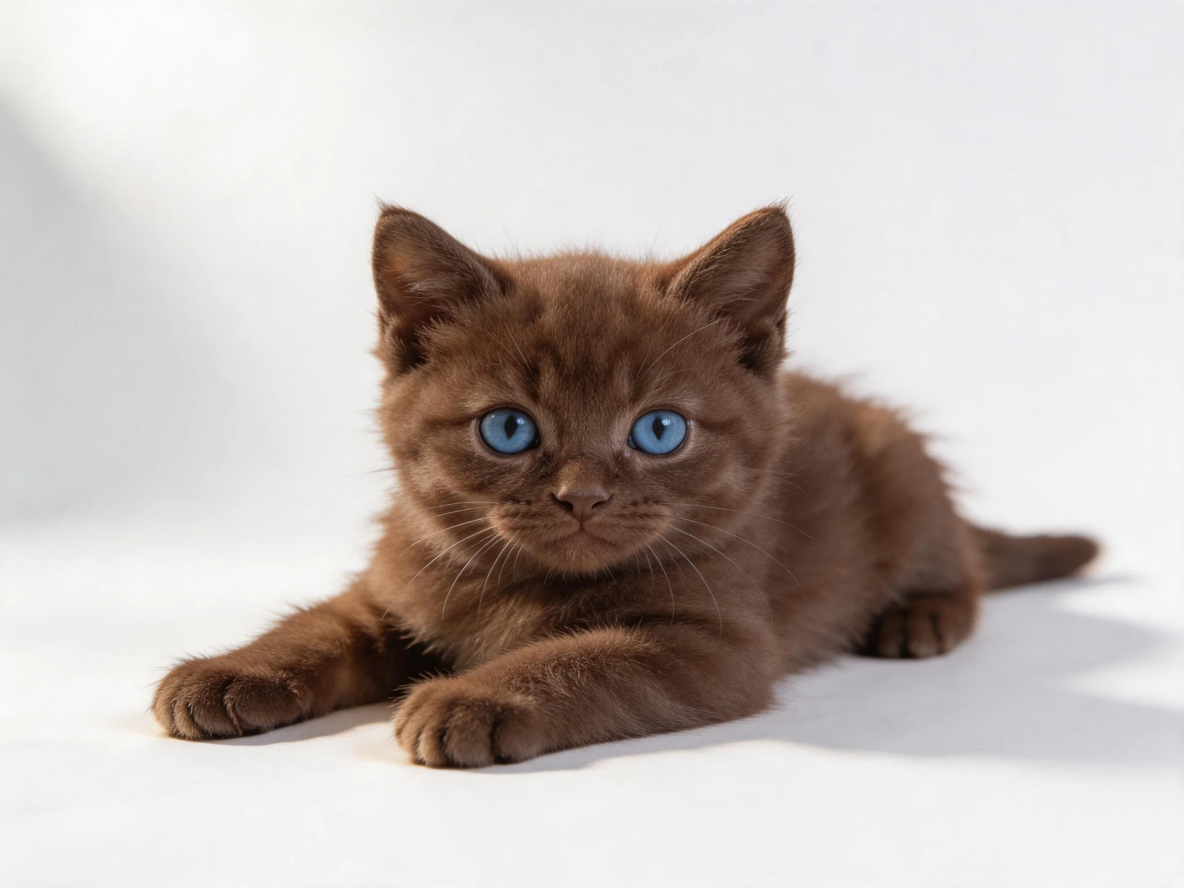 A chocolate-colored kitten with vivid blue eyes rests on a plain white background.