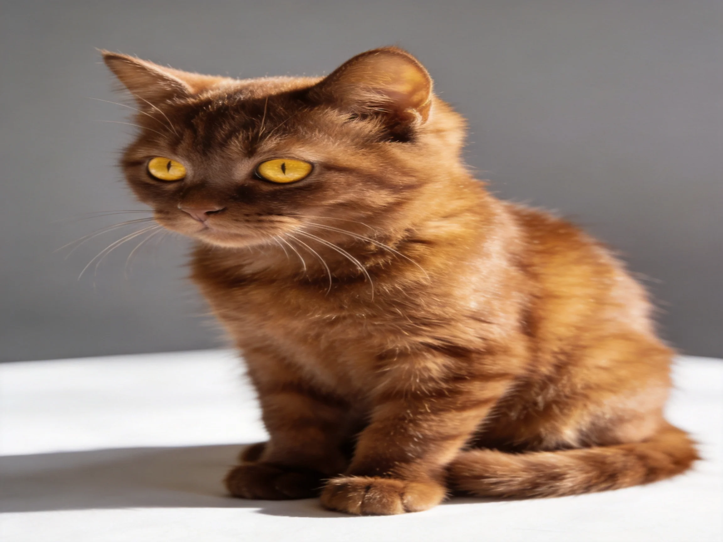 A chocolate-brown tabby cat with bright yellow eyes sits attentively on a white surface.